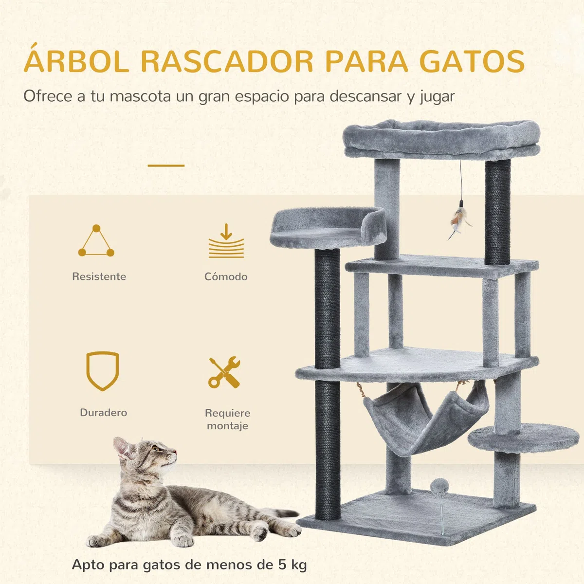 PawHut Árbol Rascador para Gatos 48x48x107 cm con Cueva de Fieltro Desmontable Hamaca Camas de Felpa Múltiples Plataformas Postes Rascadores de Sisal y Juguetes Gris | Cueva de Fieltro Desmontable, Camas de Felpa, Múltiples Plataformas, Postes de Sisal, J