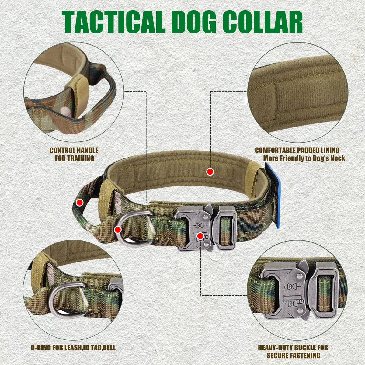 Collar táctico para perro, collar militar de nailon ajustable, hebilla de metal resistente con asa para entrenamiento de perros, con parches (M, camuflaje)