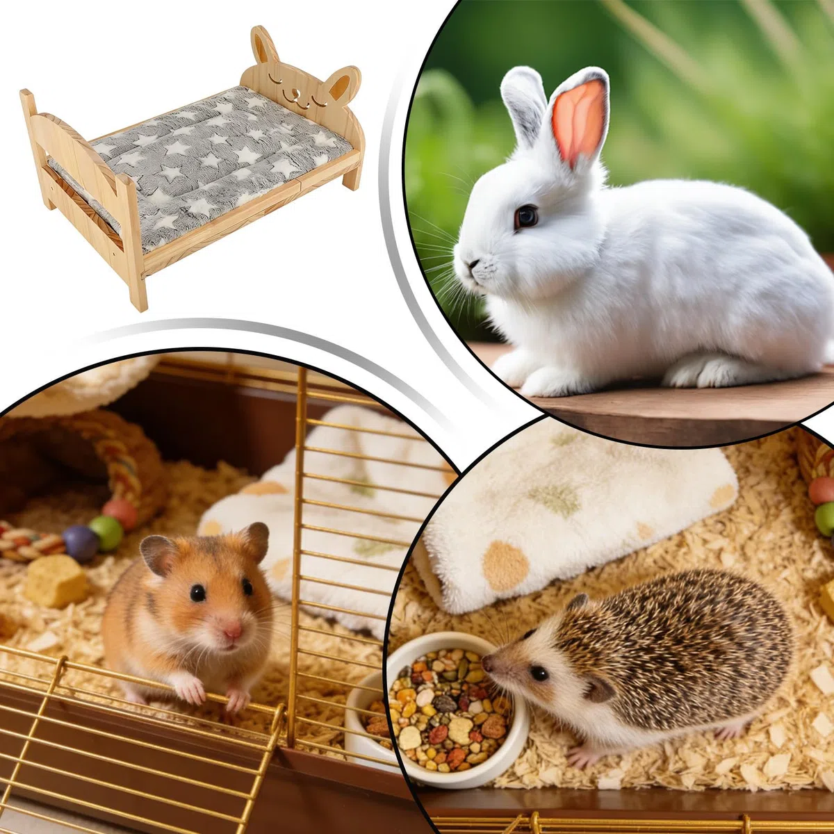 Cama de hurón pequeño de animales con alfombrilla | Jaula de madera desmontable para conejo, gatito, hámster, planeador, ardilla, interior, apartamento