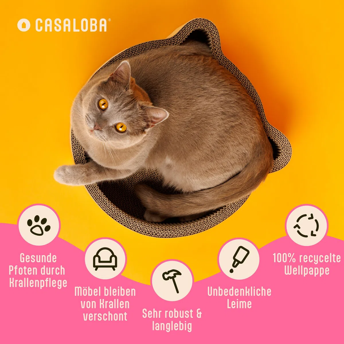 Cesta para gatos para dormir, rascar y jugar, tabla duradera para gatos de cartón ondulado de primera calidad en forma de cabeza de gato moderna, juguete 3 en 1, muebles rascadores y espacio