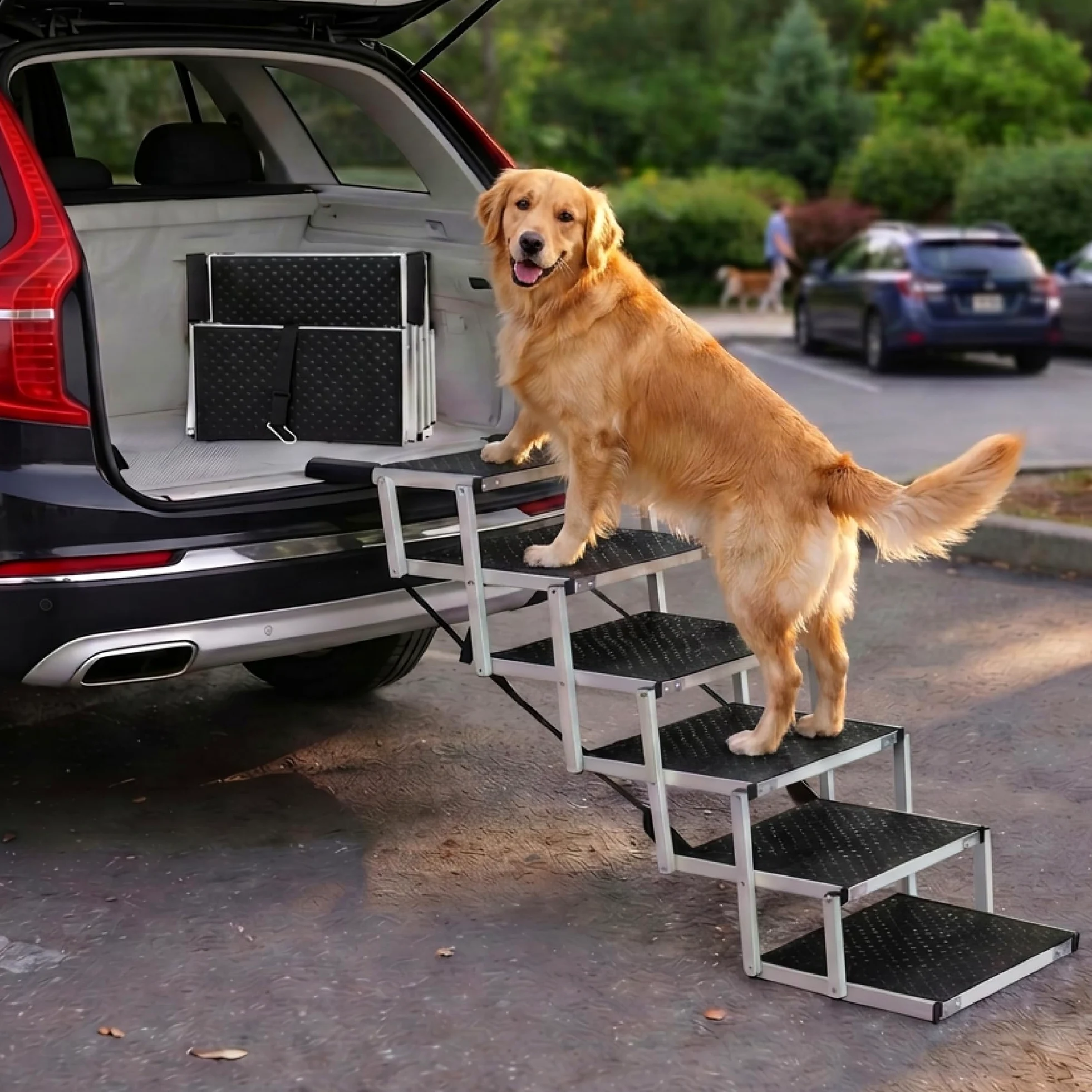 Escalera para Perros Coche Plegable – 4, 5 o 6 Peldaños para Maleteros Bajos y Altos (63–81 cm) – para Coches Pequeños, Familiares & SUV – Alternativa a Rampa para Perros