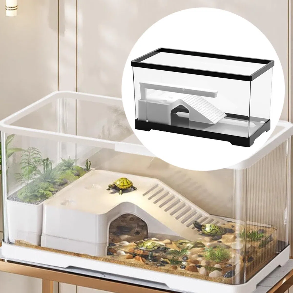 Tortuguera Acuario Hábitat Reptiles Terrario Anfibios Caja con Áreas Multifuncionales Filtro Lluvia Material PC Indicada para, Negro, Individual