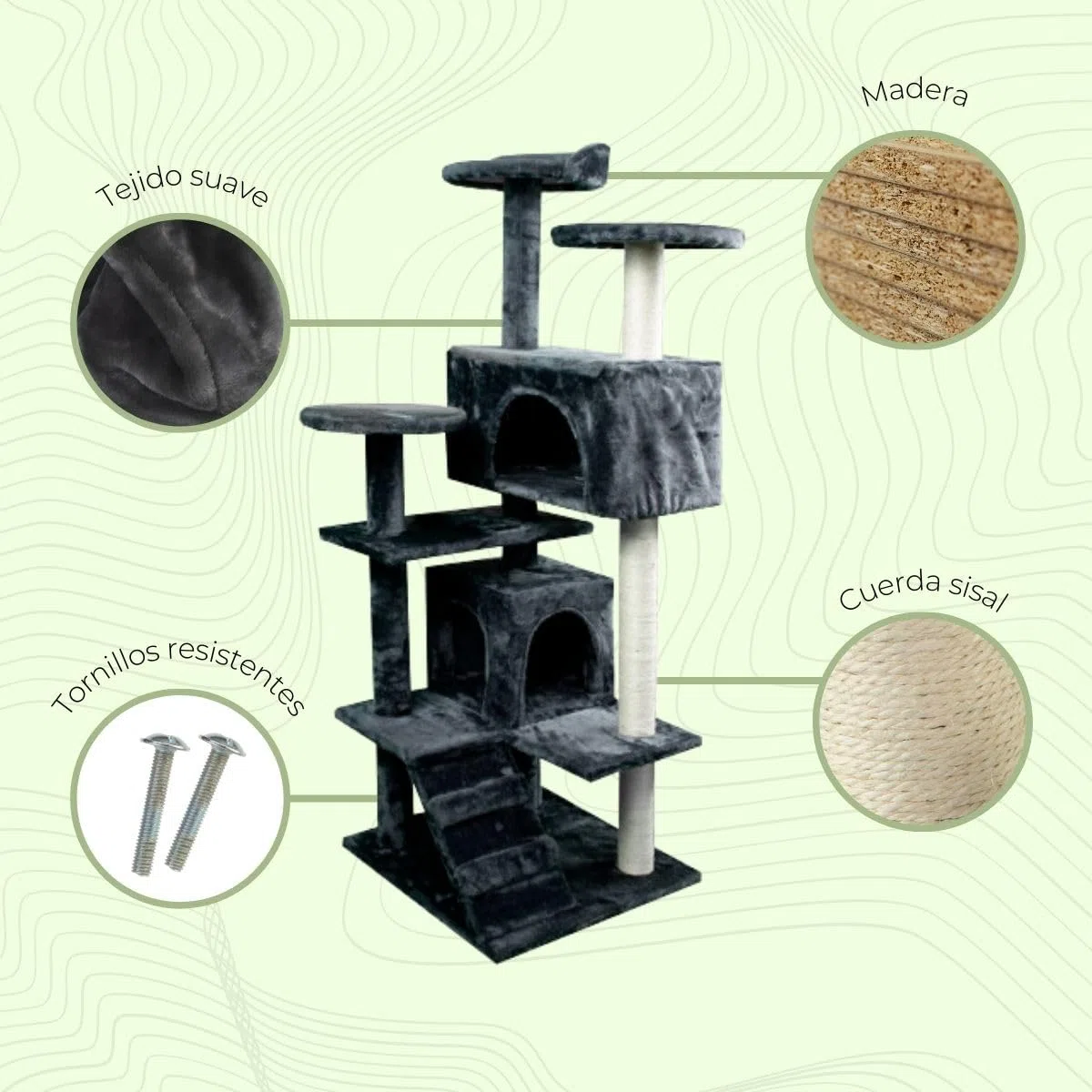 Mobiclinic, Rascador árbol para Gato, Modelo Tico, Grande, Escalar, 5 Alturas, Soporta hasta 10 kg, con Plataformas y refugios, Juguete desestresante, Cuerda de sisal, Gris