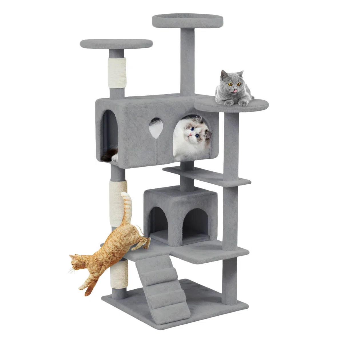 NAIZY Rascador grande para gatos, 49 x 49 x 130 cm, XXL, con columnas de sisal y cueva para gatos, antideslizante, gris K1254