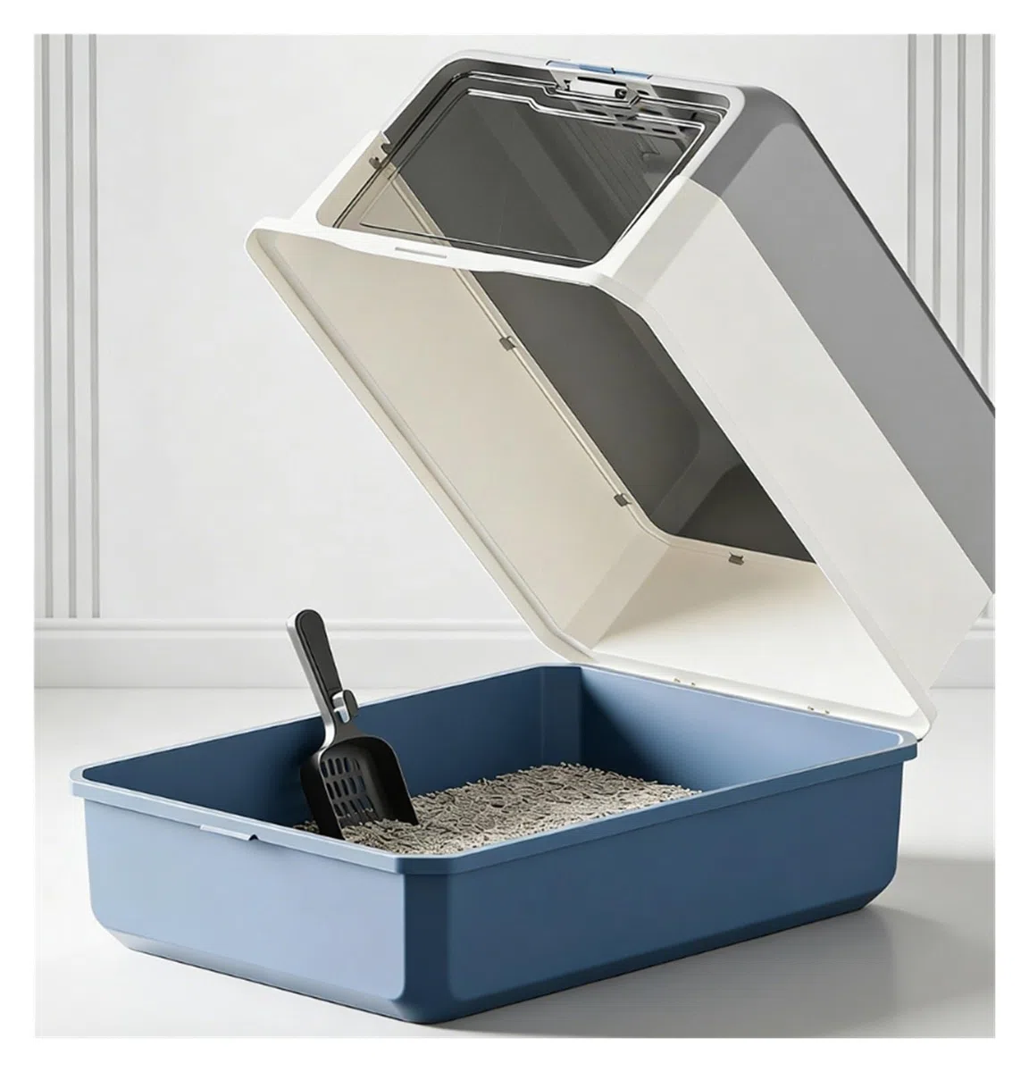Caja de Arena for Gatos Cerrada Grande, Bandeja de Arena antisalpicaduras extraíble con Cuchara for Mascotas, fácil de Limpiar(BLU)