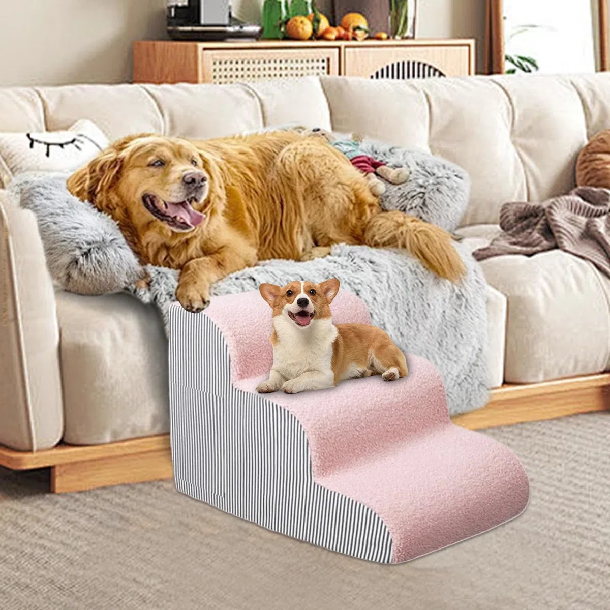 Escalones de perro para cama – Rampa de espuma de apoyo articular para mascotas mayores, gatos, diseño estético gris suave antideslizante, 40-72 cm de altura, 700 g a 1600 g de peso, fibra de esponja