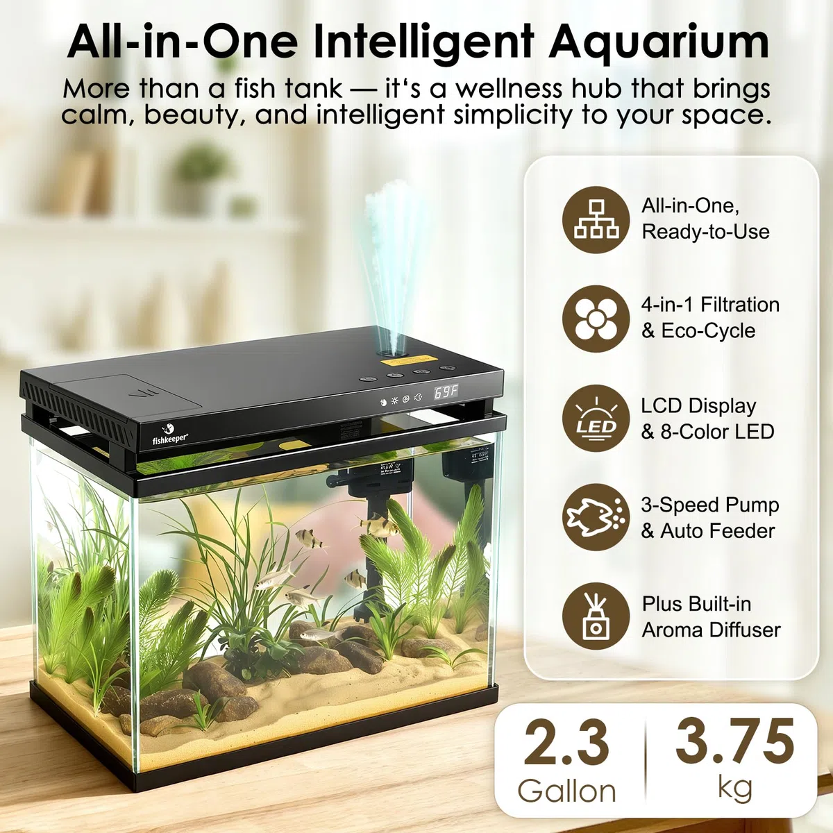 fishkeeper Acuario inteligente de 2.3 G, kit de pecera de vidrio HD con alimentador automático, bomba de filtro silencioso autolimpiable, aromaterapia, visualización de temperatura y luces RGB de 7