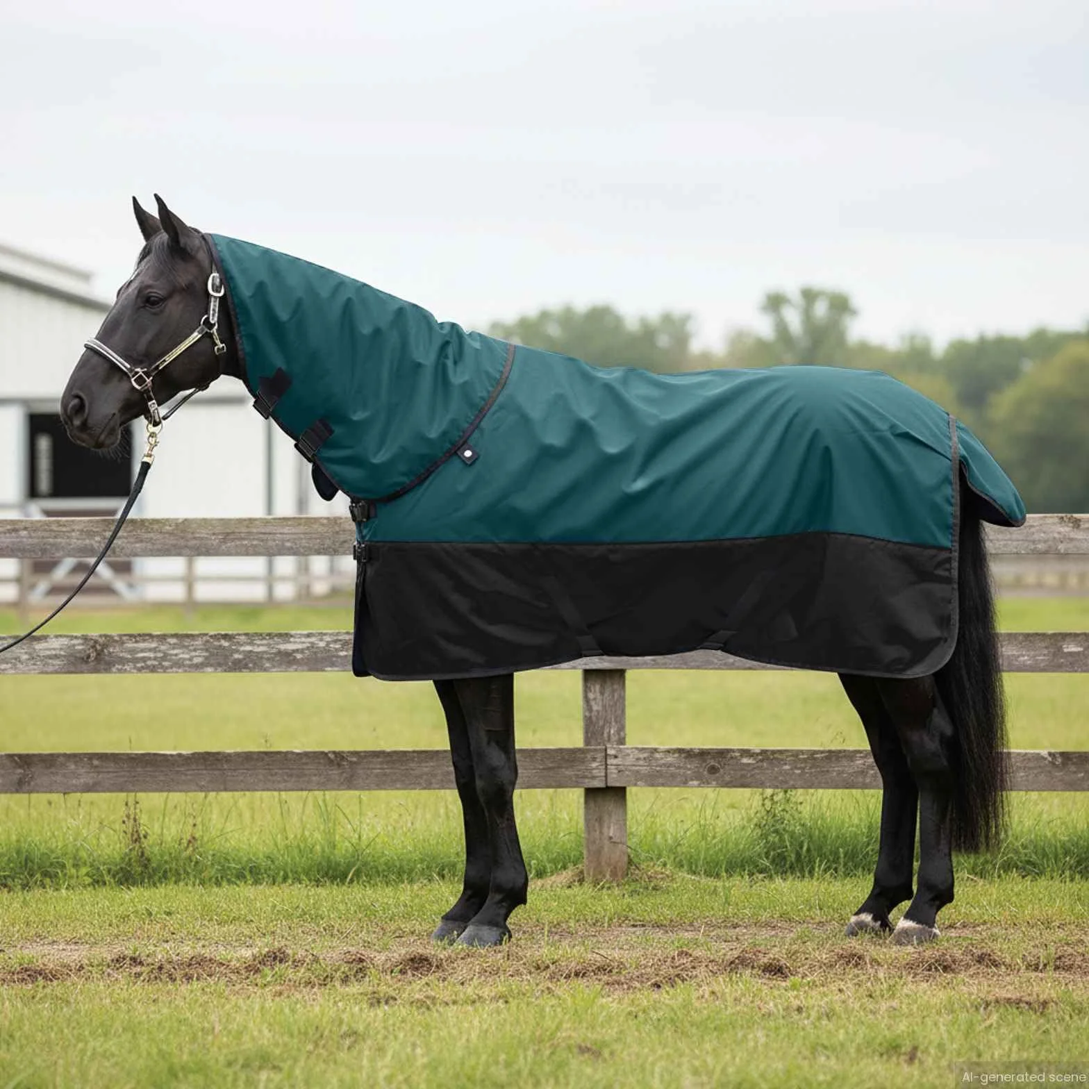 Manta para caballo, color verde oscuro y negro, impermeable, de poliéster, 165 cm, con hebilla ajustable y solapa de cola, ideal para establo, pasto, invierno, protección contra el frío