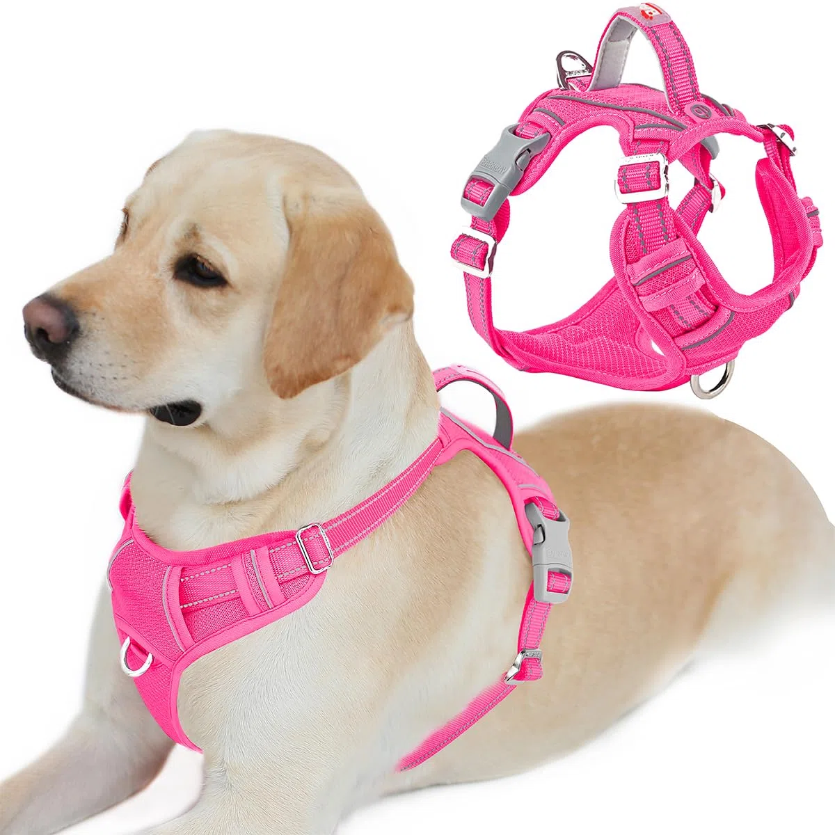 BARKBAY Arnés antitirones con Clip Frontal para Perro, Resistente, Reflectante, asa de fácil Control para pasear Perros Grandes, Bolsillo para Etiqueta de identificación (Rosa, L)