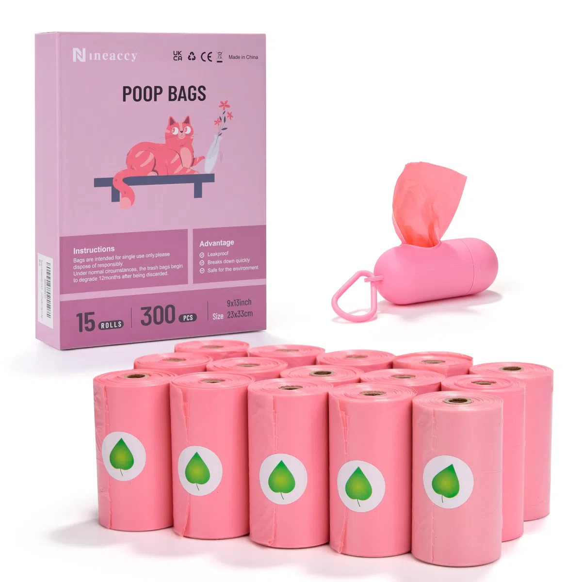 WDFAACK Bolsas biodegradables para caca de perro, color rosa, aroma a lavanda con dispensador, 300 bolsas grandes para excrementos, extra gruesas, fuertes, mezcladas con almidón de maíz, compostables,