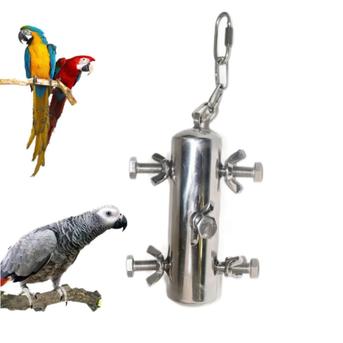 Juguetes de loro de acero inoxidable, juguetes colgantes para loros, juguetes de guacamayos de campana, juguetes interactivos para pájaros de forraje, juguetes grandes para pájaros para