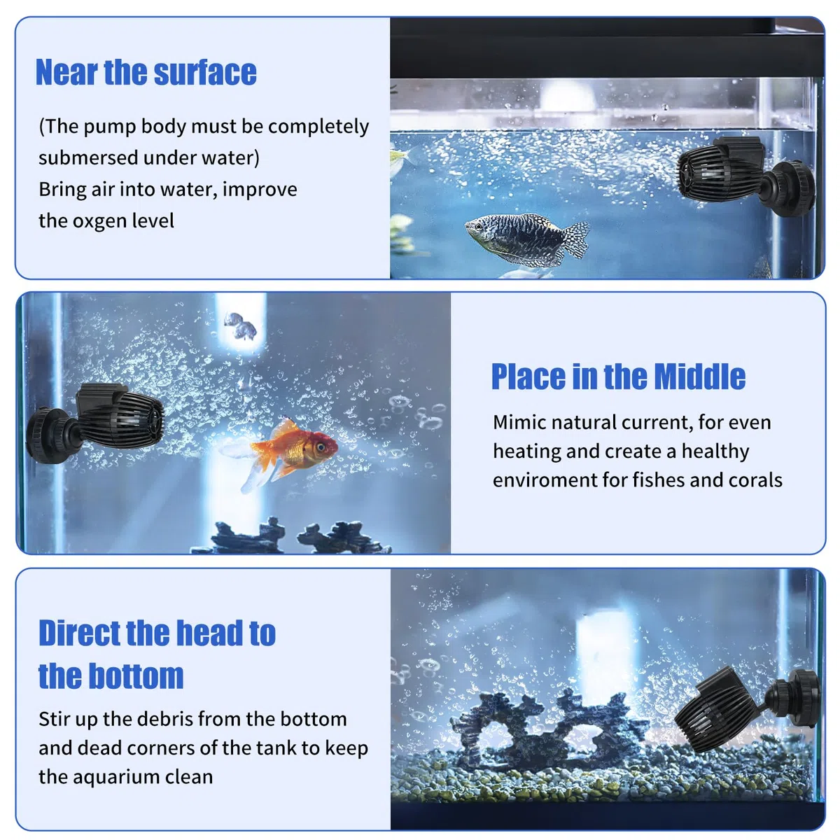 AQUANEAT Bomba de circulación para acuario Wavemaker de 800 GPH, bomba de agua sumergible, base magnética