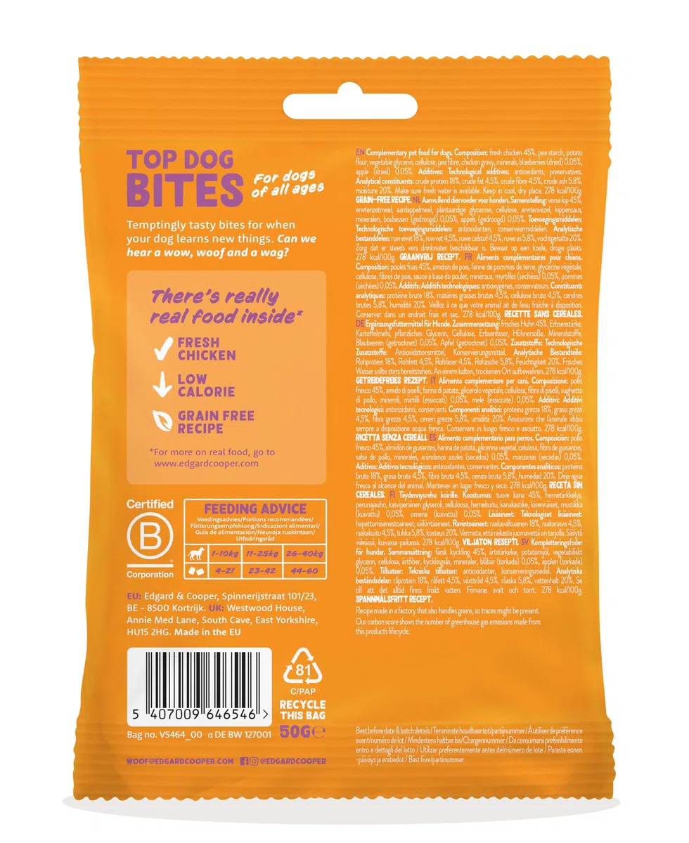 Edgard & Cooper Golosinas naturales - Bocaditos para Campeones - Pollo (Pequeño) - (15 x 50g), Sin cereales, carne fresca, llena de aminoácidos esenciales para un estómago sano
