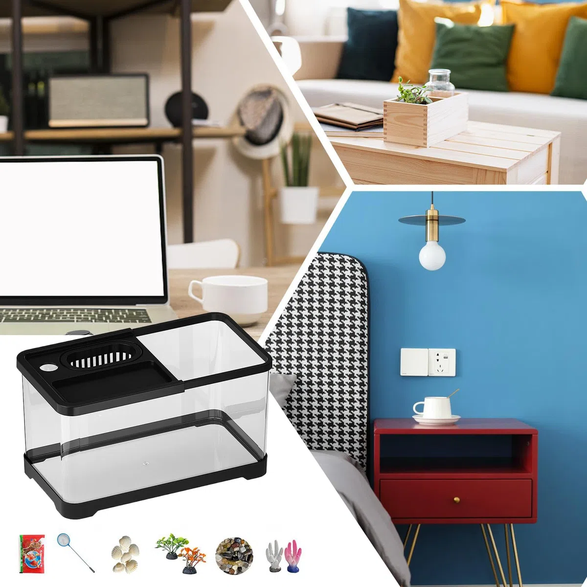 Acuario Para Principiantes Estético, decorativo, alta transparencia, | Accesorios decorativos LED para kit de acuario pequeño Para habitación infantil, escritorio, salón, decoraciones de