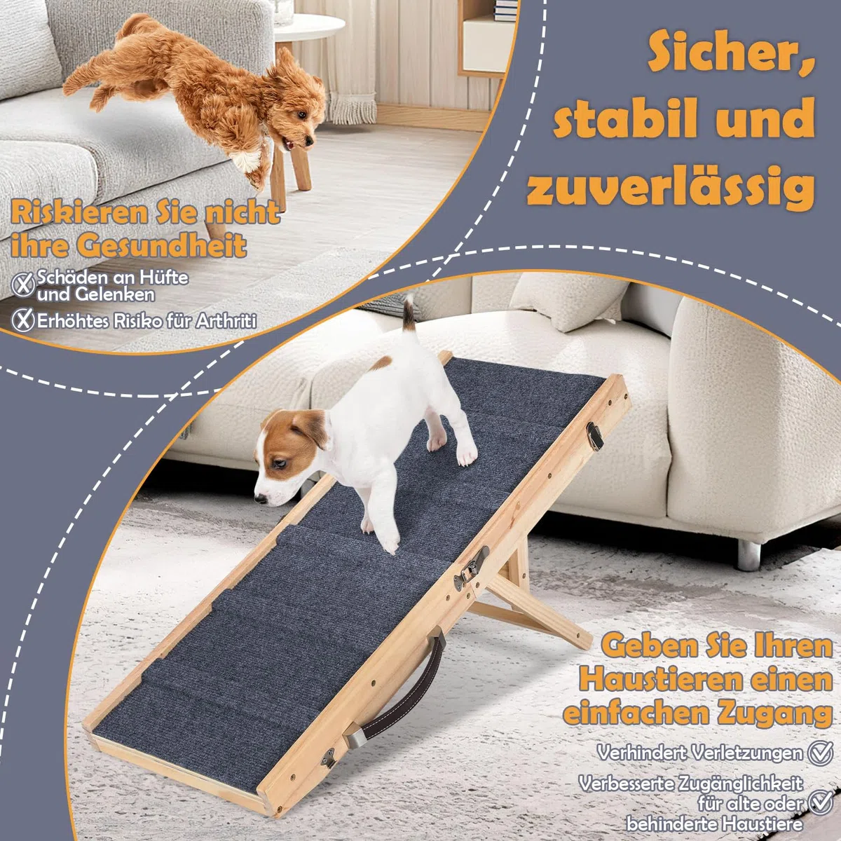 Rampa para perros y gatos, 4 alturas, 19,5-41 cm | Cama de madera de pino, sofá con doble cierre, antideslizante, plegable, 5 travesaños, 25 kg, gatos pequeños