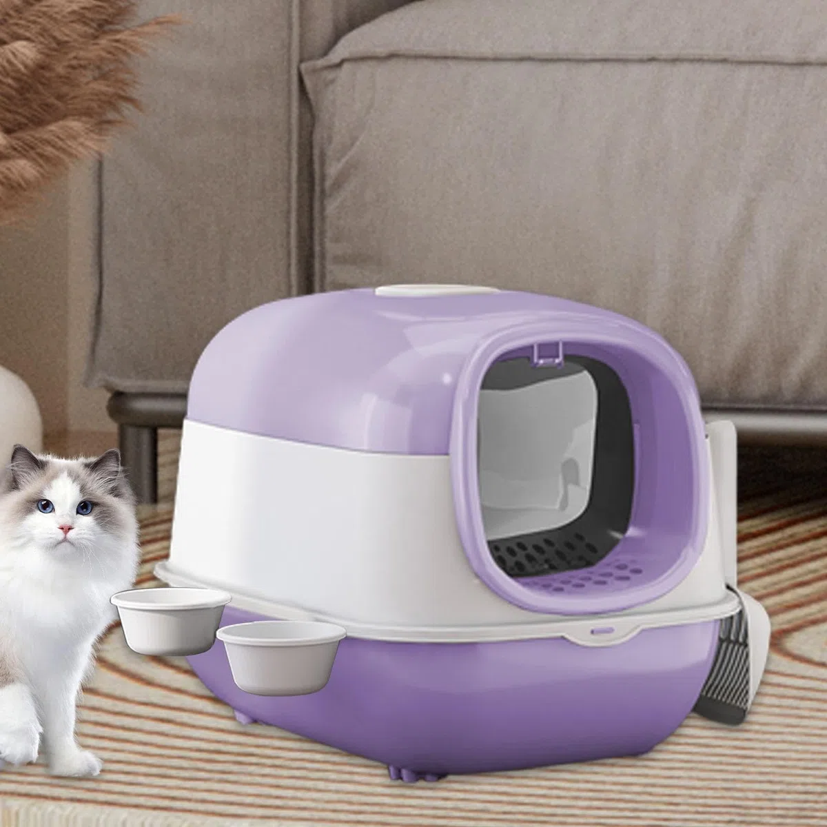 Caja de Arena para Gatos Cerrada Grande con Tapa Arenero Higiénico Baño Bandeja Cubierta Estructura de PP Robusto Desmontaje Sencillo Entrada a, PÚRPURA