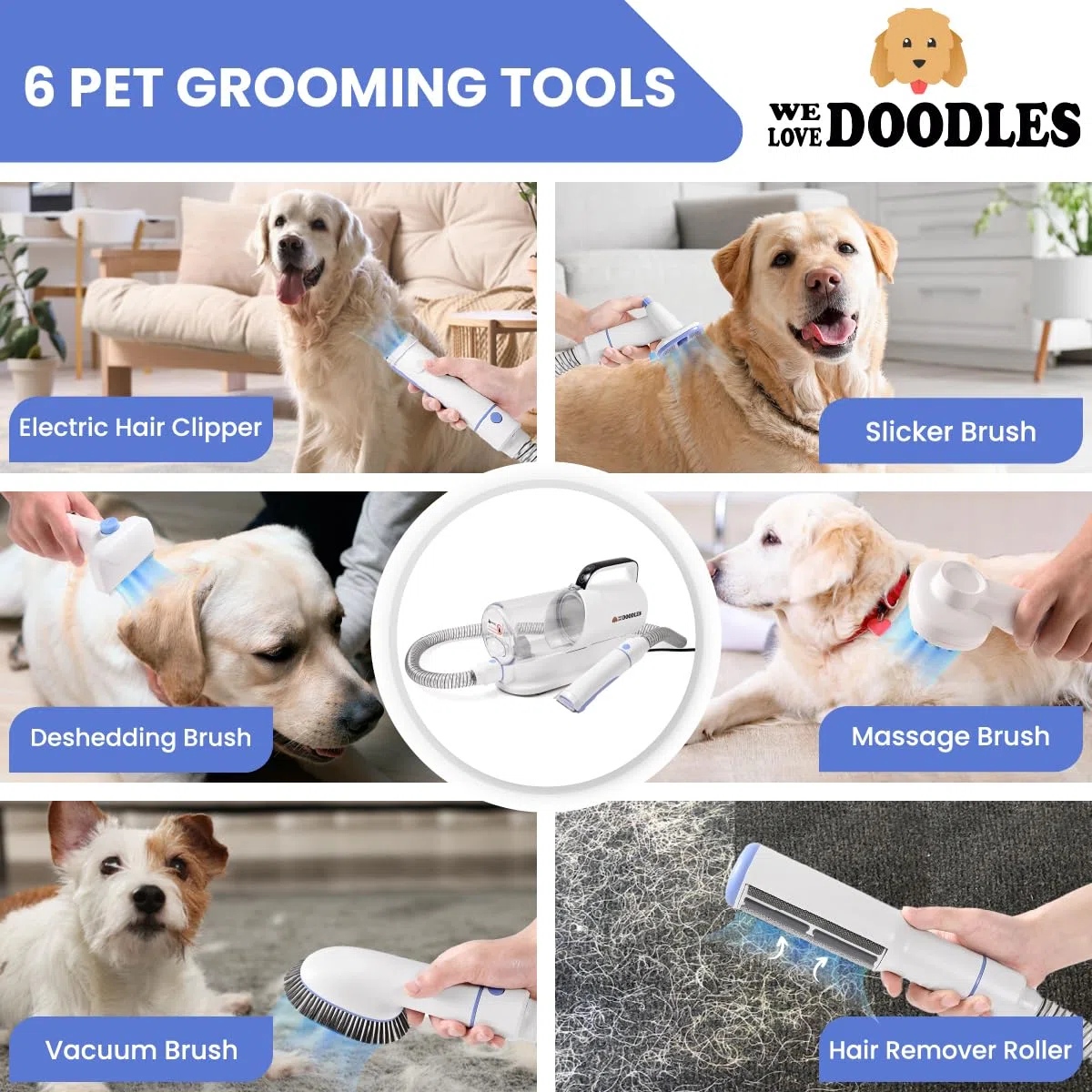 We Love Doodles Kit de aspiradora de aseo para perros, aspiradora de pelo de mascotas para perros, desprendimiento