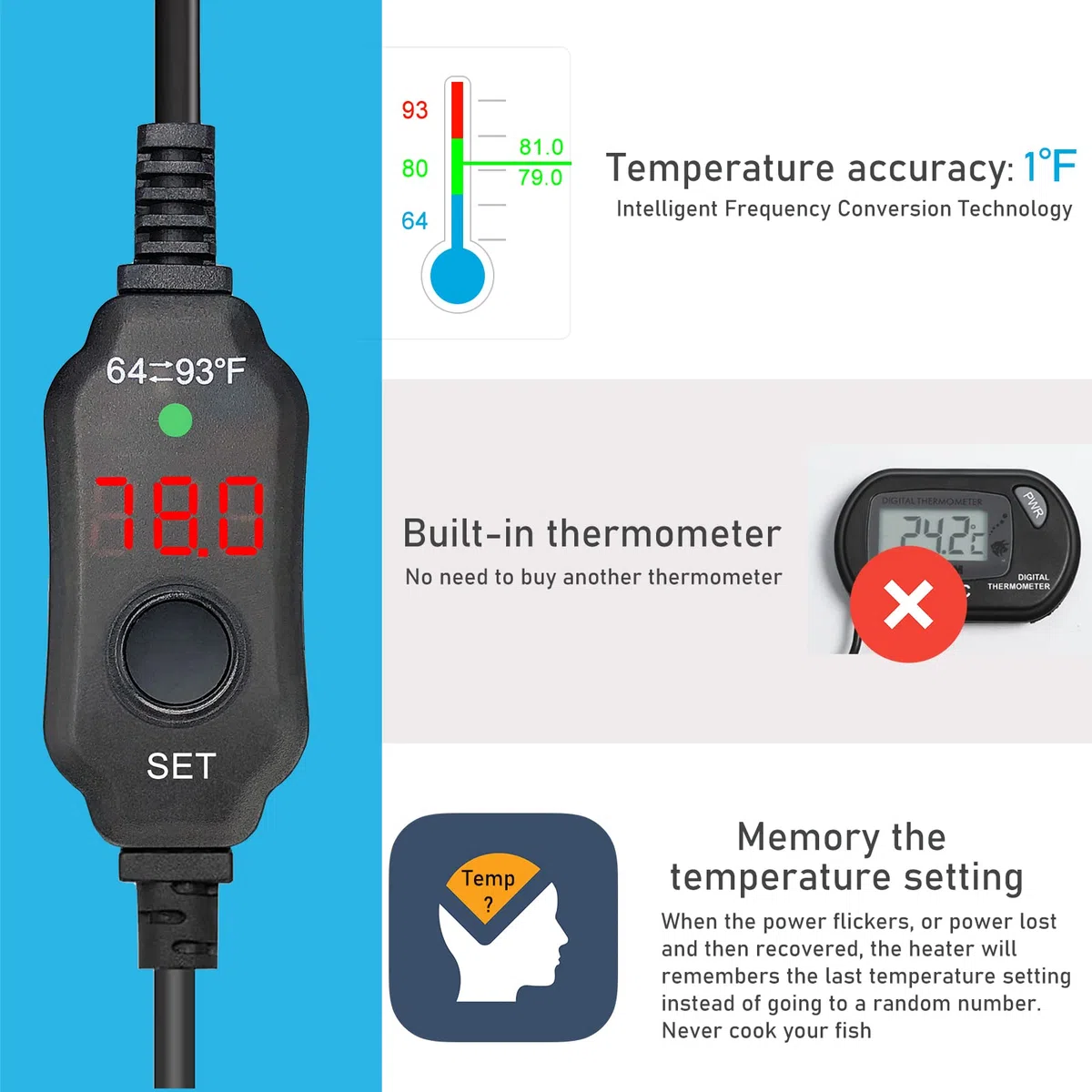 YukiHalu Pequeño calentador sumergible para acuario, mini calentador ajustable de 25 W, 50 W, 100 W, 200 W, 300 W, con controlador de temperatura externo, pantalla LED, utilizado para 5/10/20/40/60
