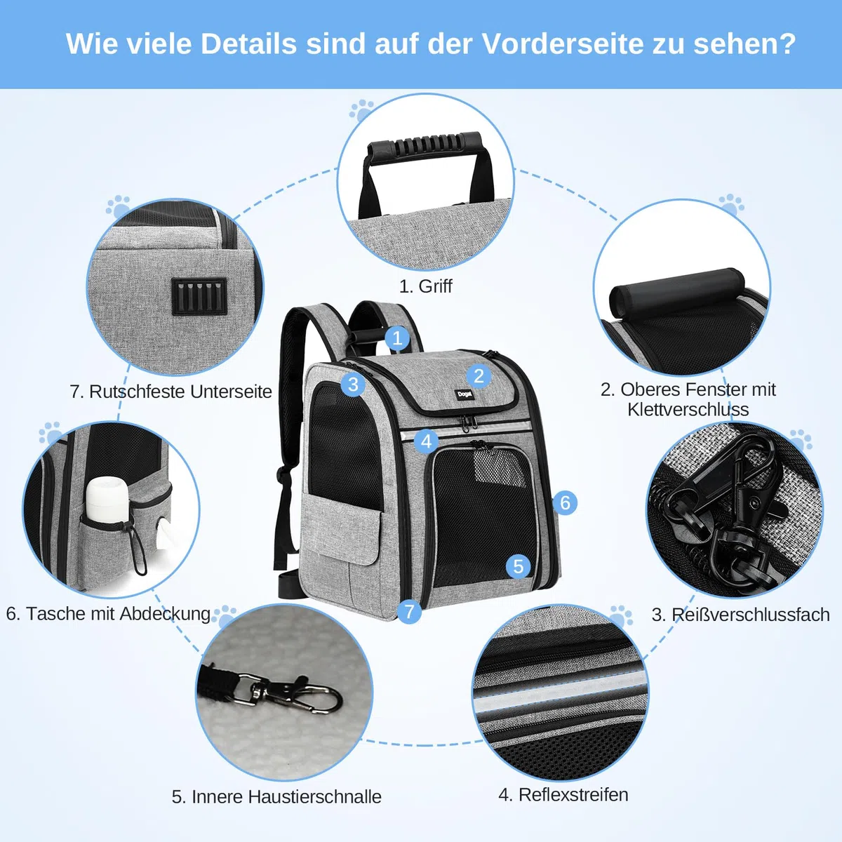 Mochila transportadora para Gatos, portátil Transpirable, Mochila Plegable para Transportar Mascotas, para Gatos y Perros medianos y pequeños, transportadora para, Gris | Ventana de malla transpirable, hasta 8 kg, 30 x 24 x 36 cm, para paseos diarios, sen