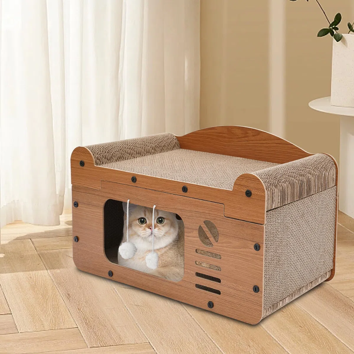 Rascador para gatos, cueva para gatos con tabla rascadora, cama para gatos de 2 pisos con pelota de juego, casa para gatos interior de cartón, cartón rascador para gatos, almohadilla rascador para