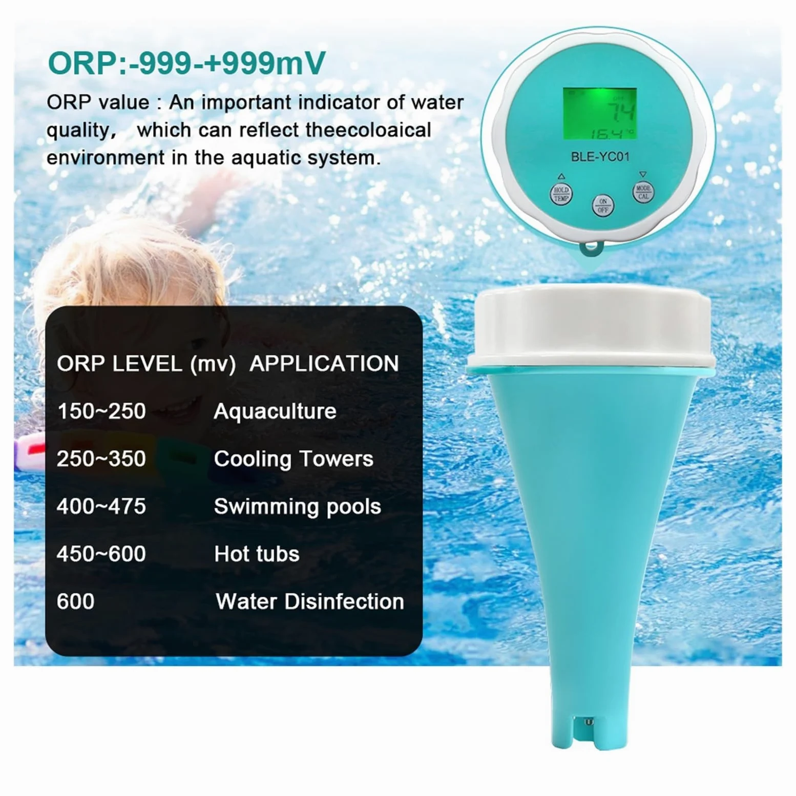 Medidor de pH Detector de Calidad del Agua 6 en 1, PH EC TDS ORP, Temperatura, Cloro, Pantalla aplicación, Probador Calidad Agua Piscina multifunción