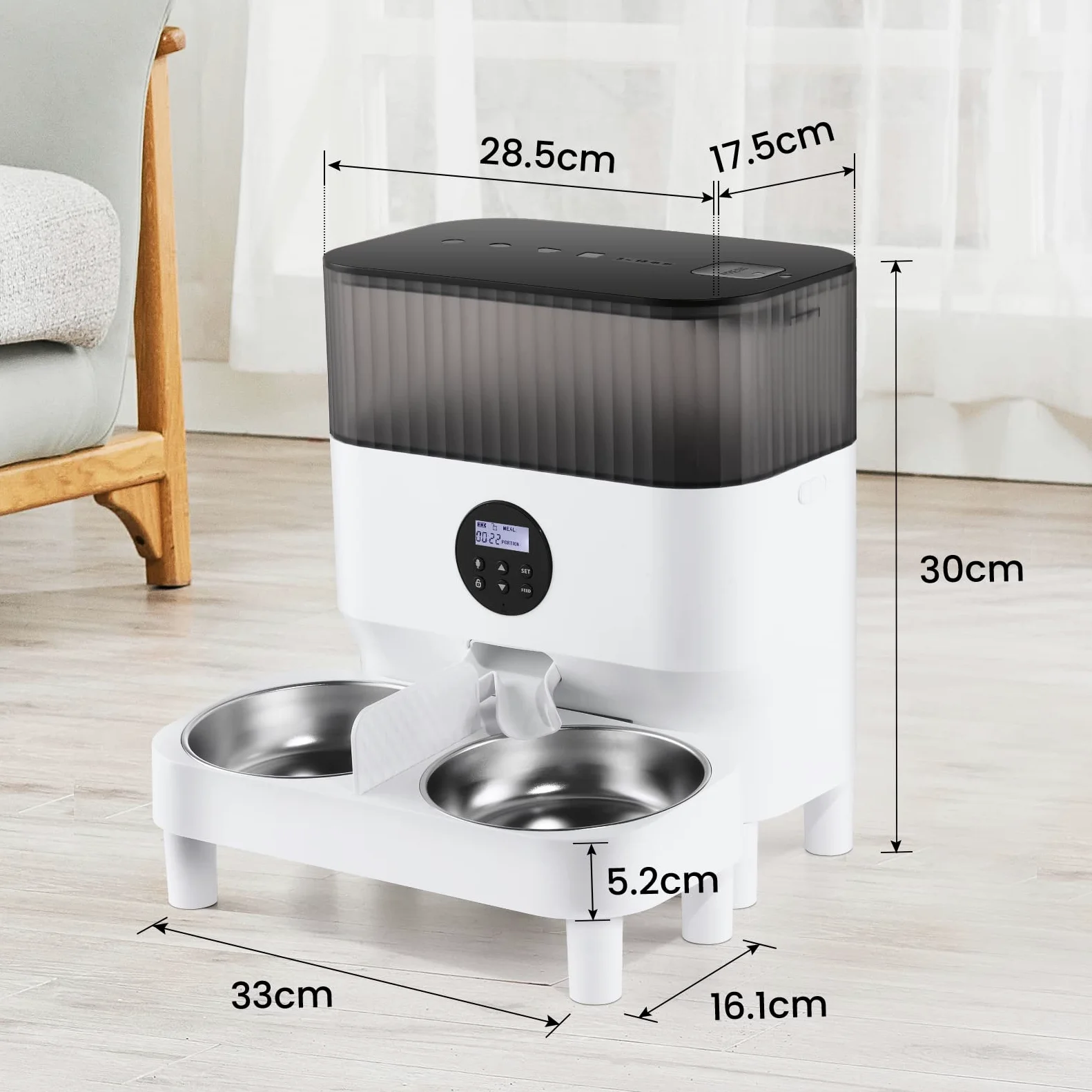 Sailnovo Comedero Automático para Dos Gatos, Dispensador con Dos Cuencos de Acero Inoxidable, Recordatorio de Voz 10s, hasta 80 Porciones y 4 Comidas al Día para Perros y Gatos, Blanco-5L