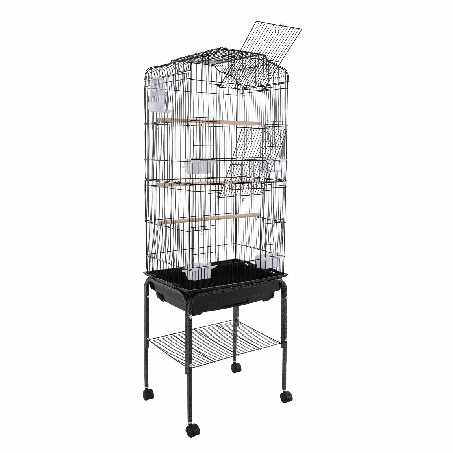 Jaula grande para pájaros con ruedas, para periquitos y loros, con soporte y bandeja de almacenamiento, de metal, con bandeja extensible, 137,5 cm de alto, color negro