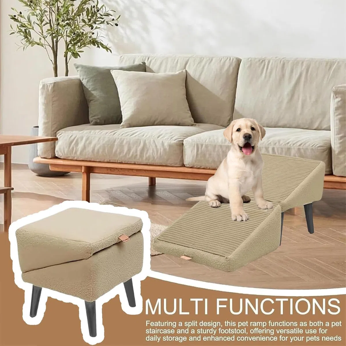 Rampa Otomana Dividida para Perros, Rampa Y Otomana Todo En Uno, Escalera Multifuncional para Perros, Rampa Y Otomana Plegable, Rampas para Camas De Perros Grandes Y Pequeños(Khaki)