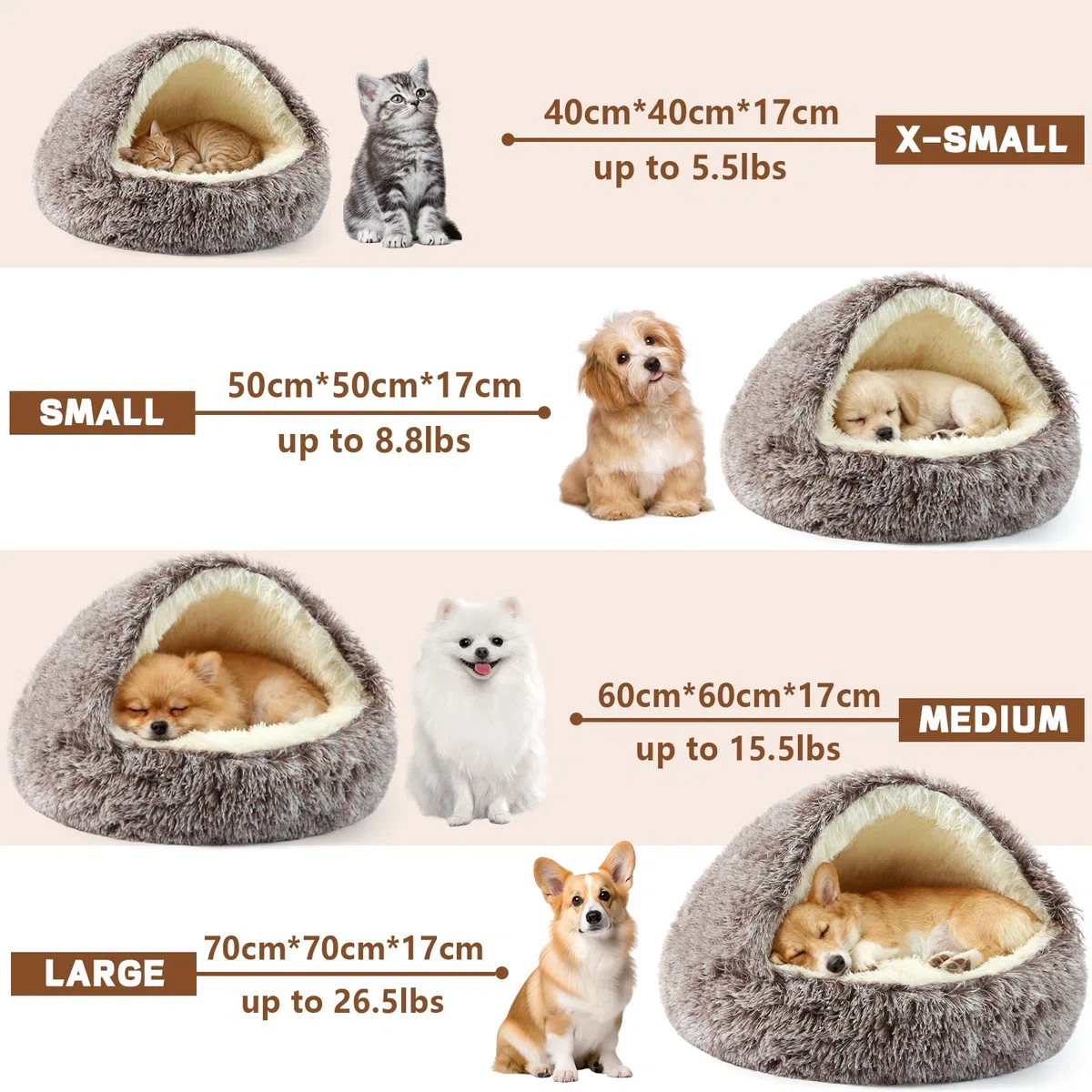 Cama tipo cueva para perros, cama lavable para perros pequeños y medianos con parte inferior antideslizante, marrón degradado, 70 cm