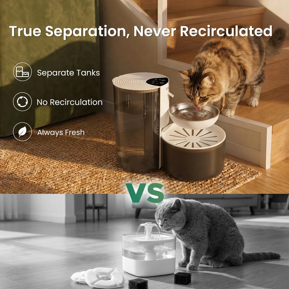 Fuente de agua para gatos sin filtro, dispensador de agua recargable inalámbrico para mascotas con gran capacidad de 3 litros, tanques de agua limpios y sucios, cuenco de acero inoxidable para gatos y
