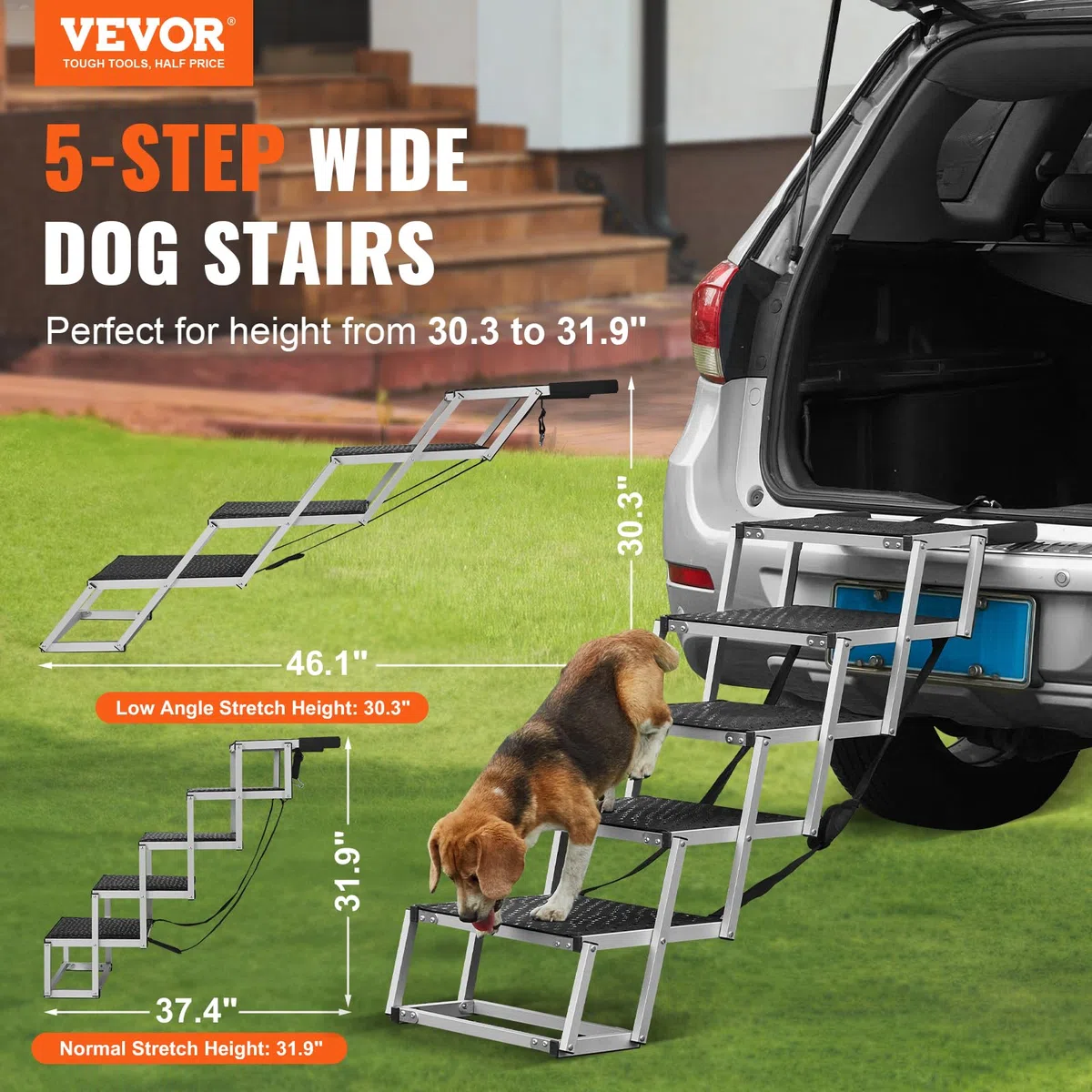 VEVOR Escaleras para Perros para Coche de 5 escalones, Carga de 68 kg Rampa Plegable para Perros de Aluminio Ligero con Superficie Antideslizante Escalones Portátiles de Mascotas para Coche y Camión