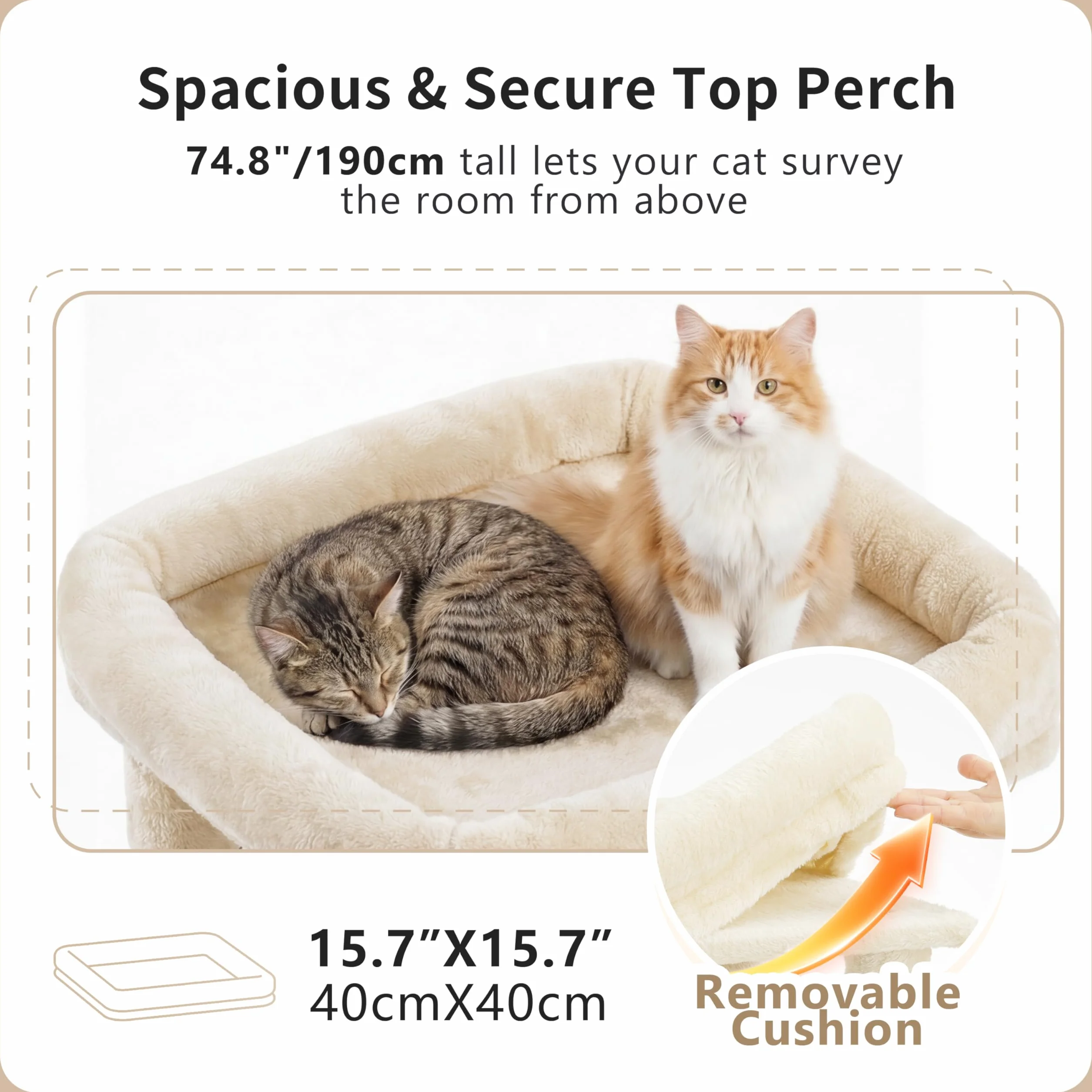 Heybly Árbol Rascador para Gatos Grandes, 190 cm Rascador para Gatos XXL, Torre Alta y Espaciosa con Amplia Plataforma Superior, Base Estable, 2 Casitas, Hamaca y Postes de Sisal, Beige HCT062MJ