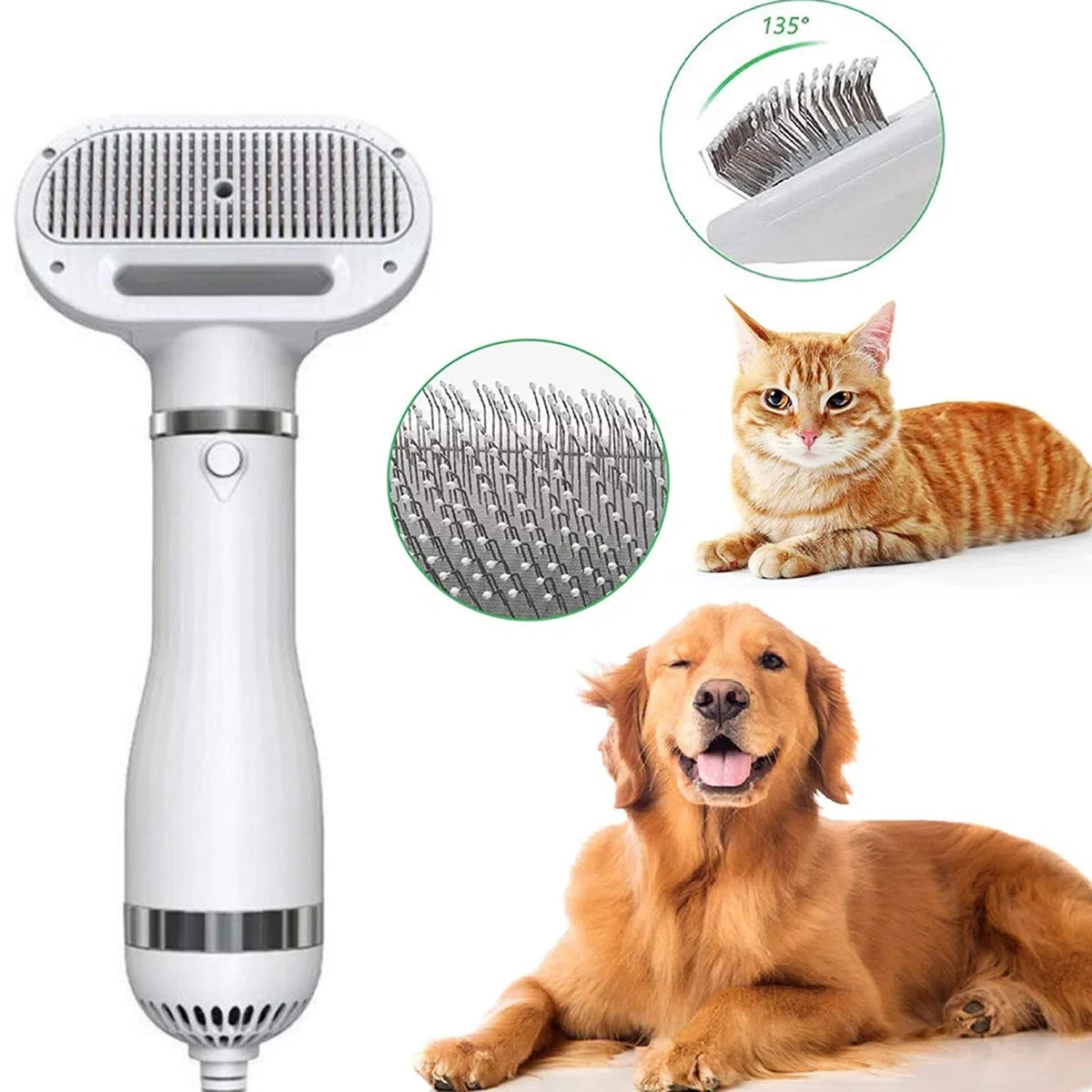 Peine Cepillo Mascotas Secador de Pelo Perros, 2 en 1 300 W Potente soplador, Mango ergonómico con 3 Engranajes de Temperatura para Perros Gatos Animales pequeños (Blanco)