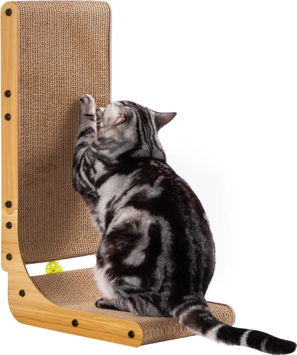 Rascador de gato en forma de L, Poils Bebe Rascador de gato para gatos de interior, protección de muebles, almohadilla de arañazos para gatos, cartón para gatos con juguete de bola, zacate gatera, 26