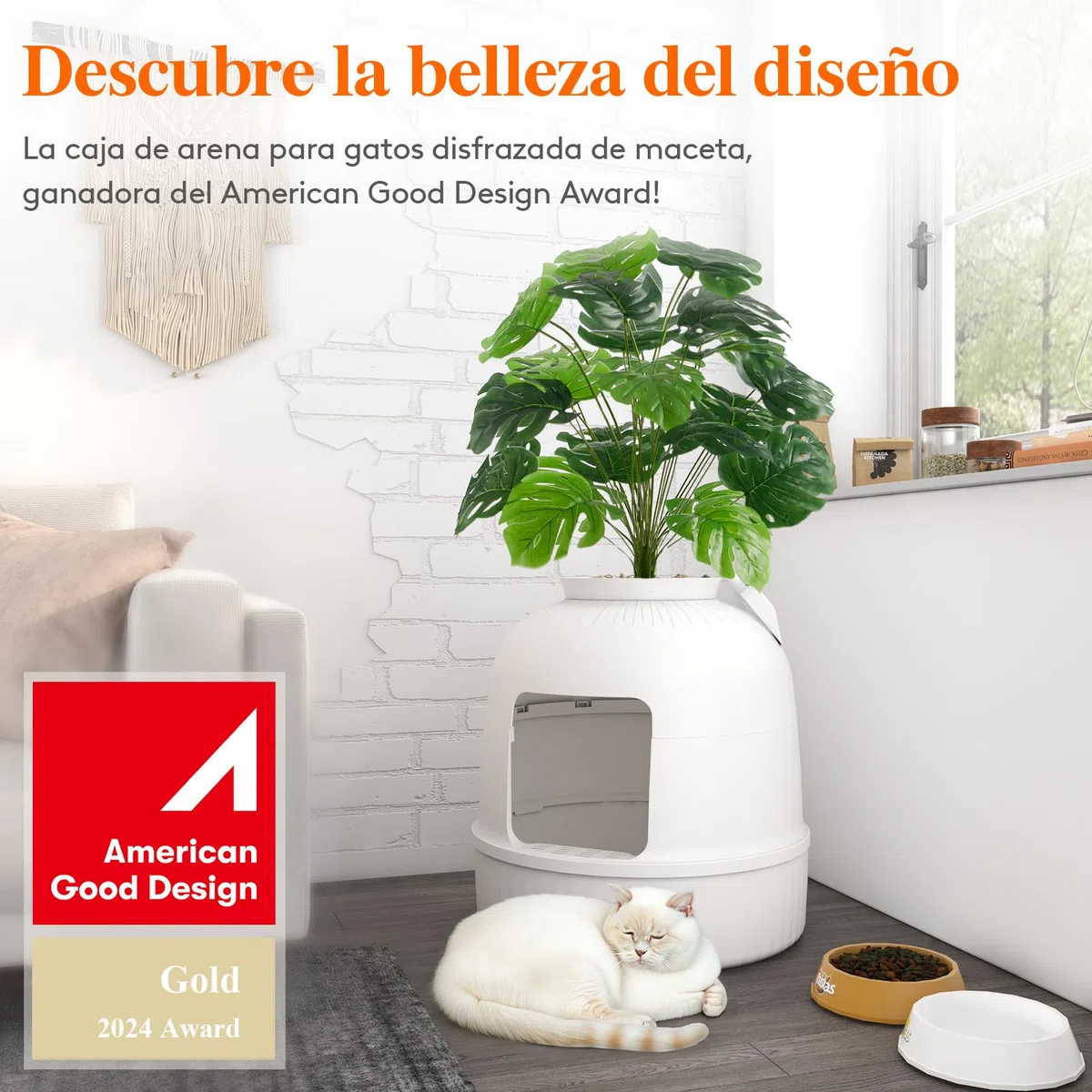 Lifewit Arenero Gato con Desodorizante y Filtro de Carbón, Arenero Maceta para Sala de Estar, Dormitorio, Esquinas, Cagadero Gatos Cerrado con Planta Artificial, Pala, 48 x 120 cm, Blanco