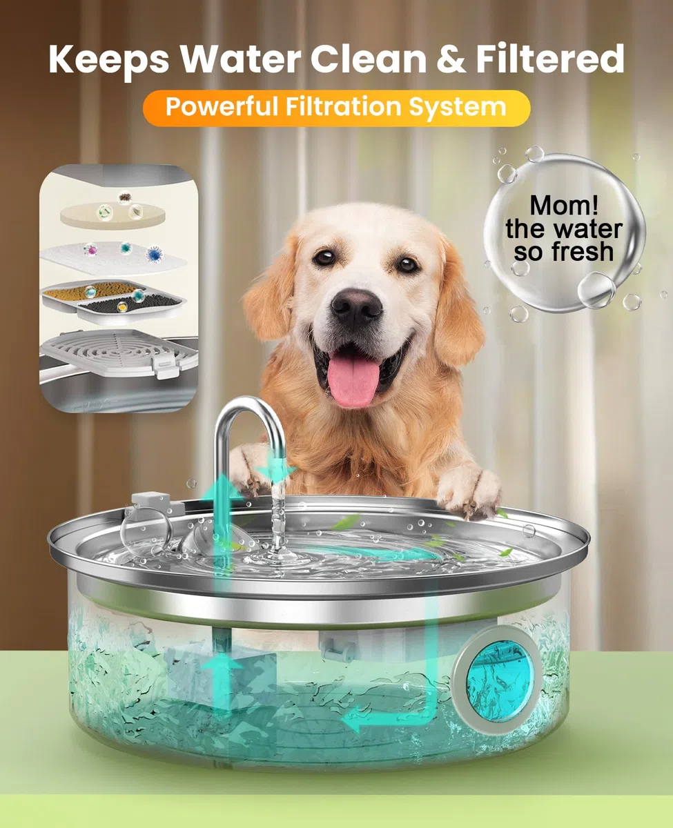 Oneisall Fuente de agua para perros PWF002 | 7L/6,520.4 g contiene 5 filtros de juego, 25 dB silencioso, acero inoxidable, agua visual, filtración de 5 capas
