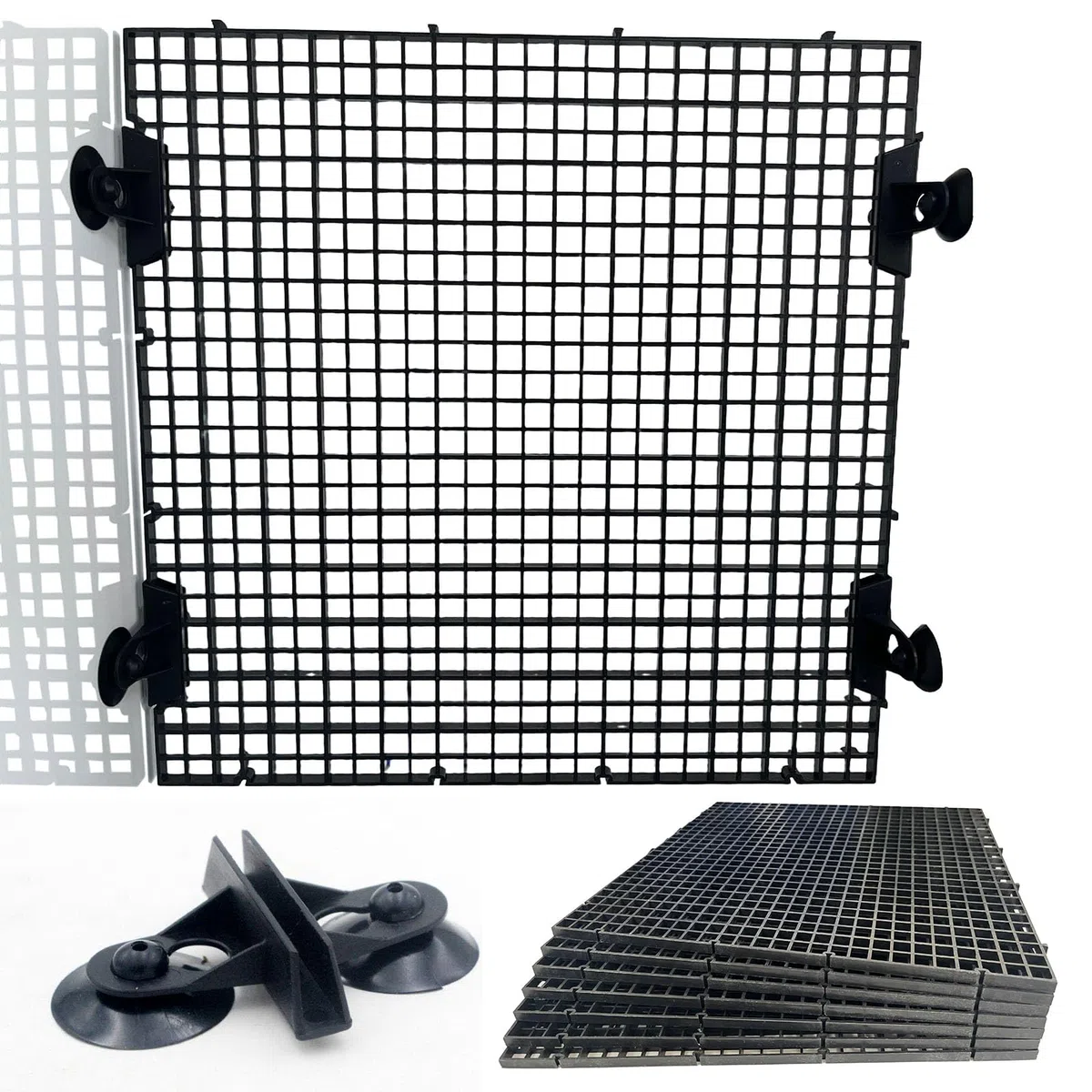 8 separadores de acuario, 11.8 x 11.8 pulgadas, rejilla de plástico con clips de ventosa, caja de huevos ajustable para cría mixta, toma de tortugas y protección inferior de filtro (negro)