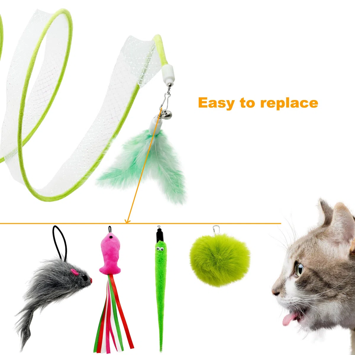 Túnel Plegable para Gatos, Juguete Plegable para Gatos con Pluma de Gato, Gusano, pez, ratón, Juguetes, recargas, Juguete Interactivo de Plumas para Gatos, túneles para Gatos de Interior (Verde)