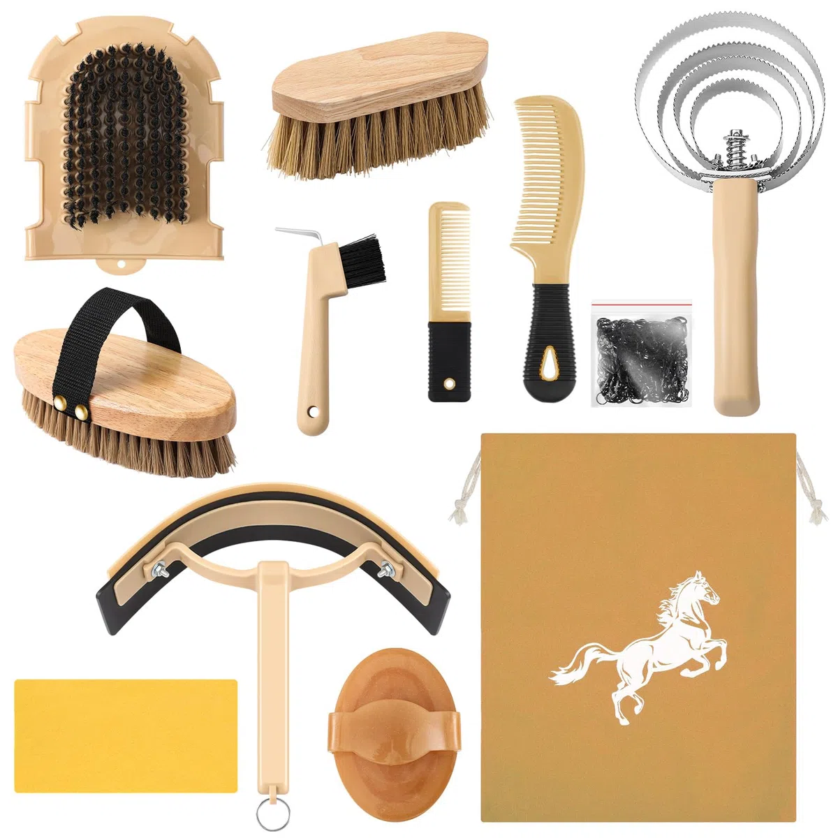 Abbylike Kit de aseo de caballos de 12 piezas, juego de cepillos para caballo, serie Equine Care, juego de cepillos para caballos con bolsa organizadora, herramientas de masaje (caqui)
