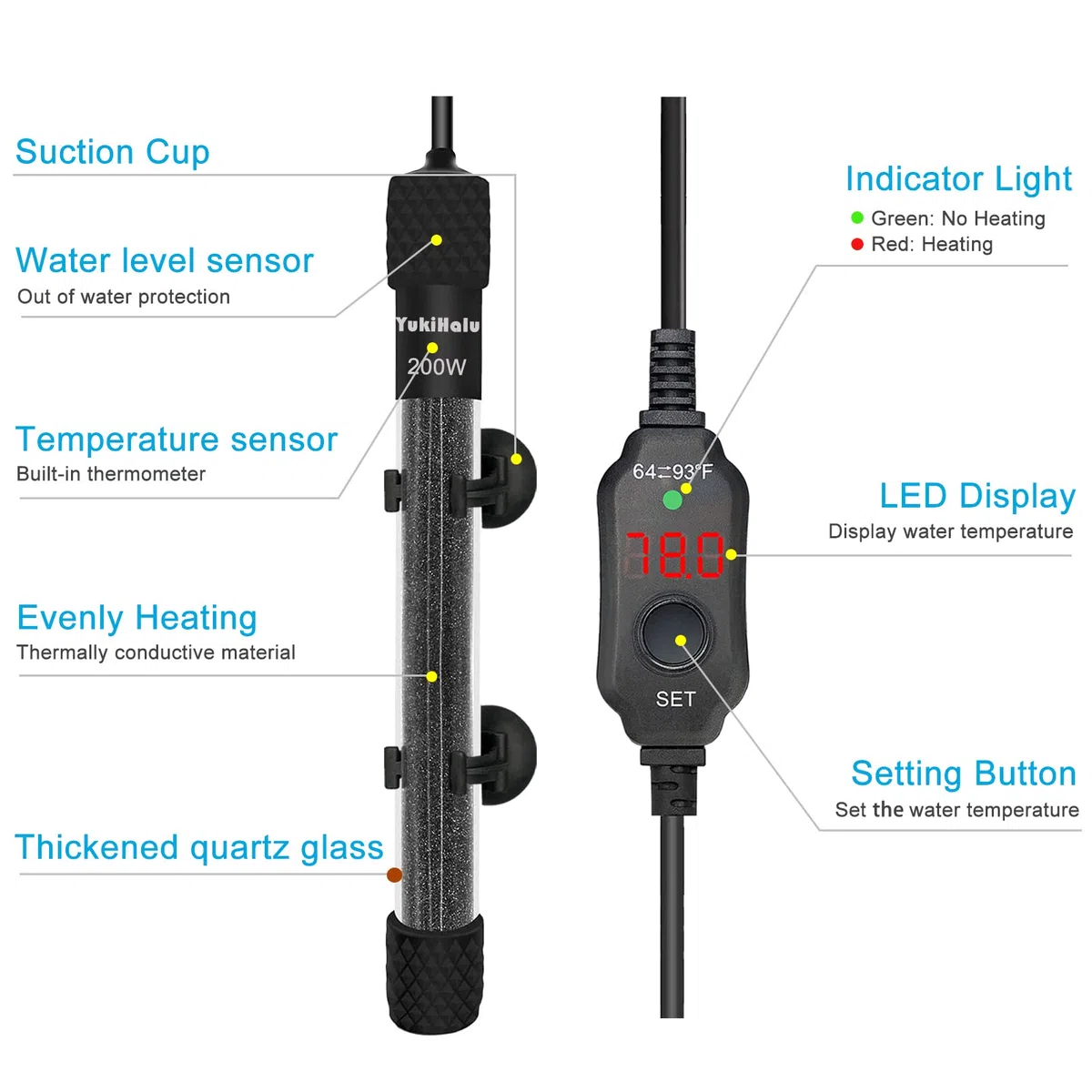 YukiHalu Pequeño calentador sumergible para acuario, mini calentador ajustable de 25 W, 50 W, 100 W, 200 W, 300 W, con controlador de temperatura externo, pantalla LED, utilizado para 5/10/20/40/60