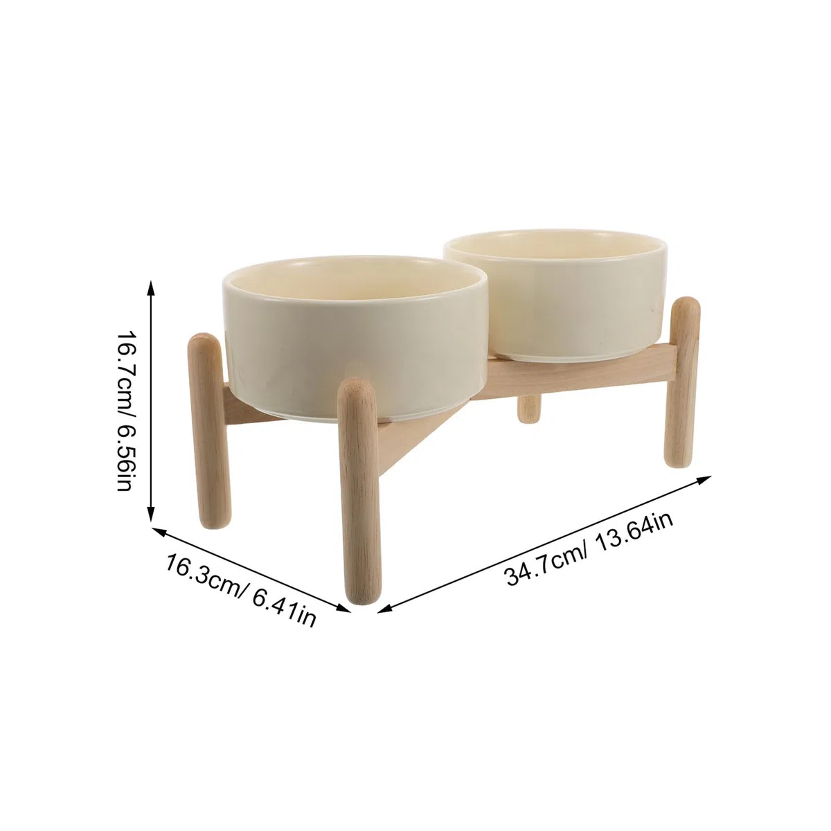 Comedero Doble Elevado para Perros y Gatos con Soporte de Madera Antideslizante, Cuencos de Cerámica Beige de 15,5 CM y 850 Ml, Adecuado para Mascotas Pequeñas y Alimentación