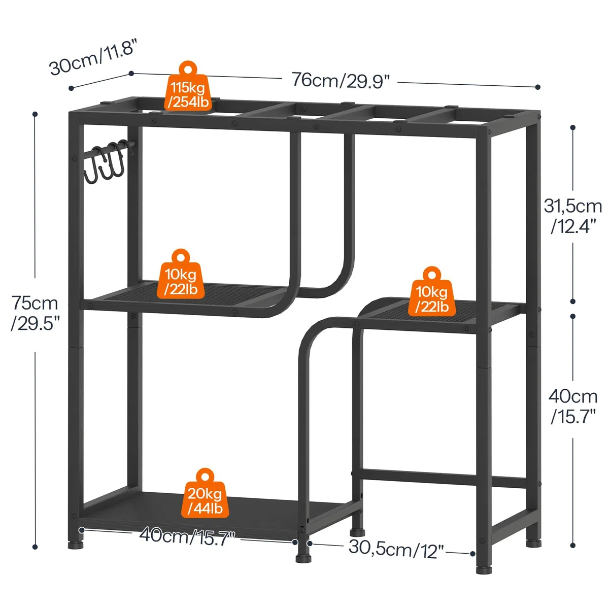 HOOBRO Soporte para Acuarios 76 litros, Base para Terrarios con Barra, 3 Ganchos, 6 Patas Ajustables, 2 Rejillas y 1 Estante, Soporte de Pecera para Sala, Recibidor o Dormitorio, Negro EBB74FT01