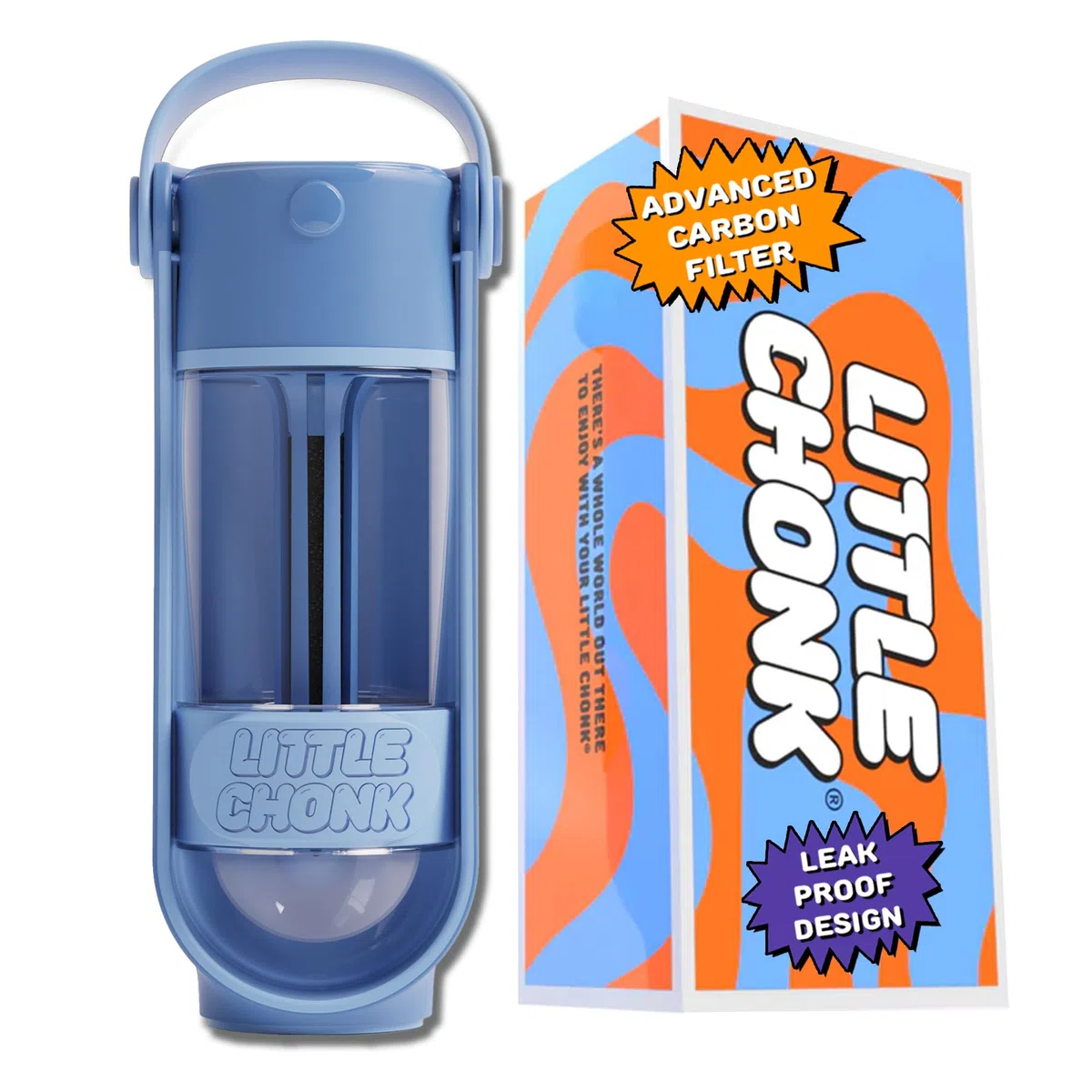 Little Chonk Botella de agua para perros, filtración avanzada de carbono para agua filtrada segura sobre la marcha, botella de agua portátil a prueba de fugas sin BPA con boquilla de agua retráctil,