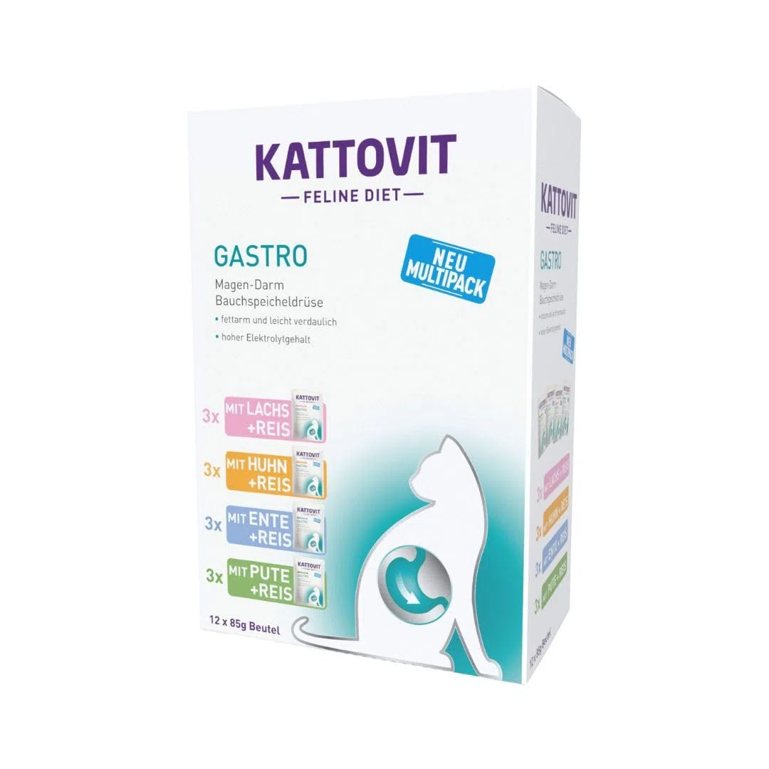 KATTOVIT - Gastro Multipack Comida húmeda para Gatos | para apoyar el Sistema gastrointestinal | Pienso Completo dietético en Bolsa Fresca para Gatos Adultos | 5 x 12 x 85 g