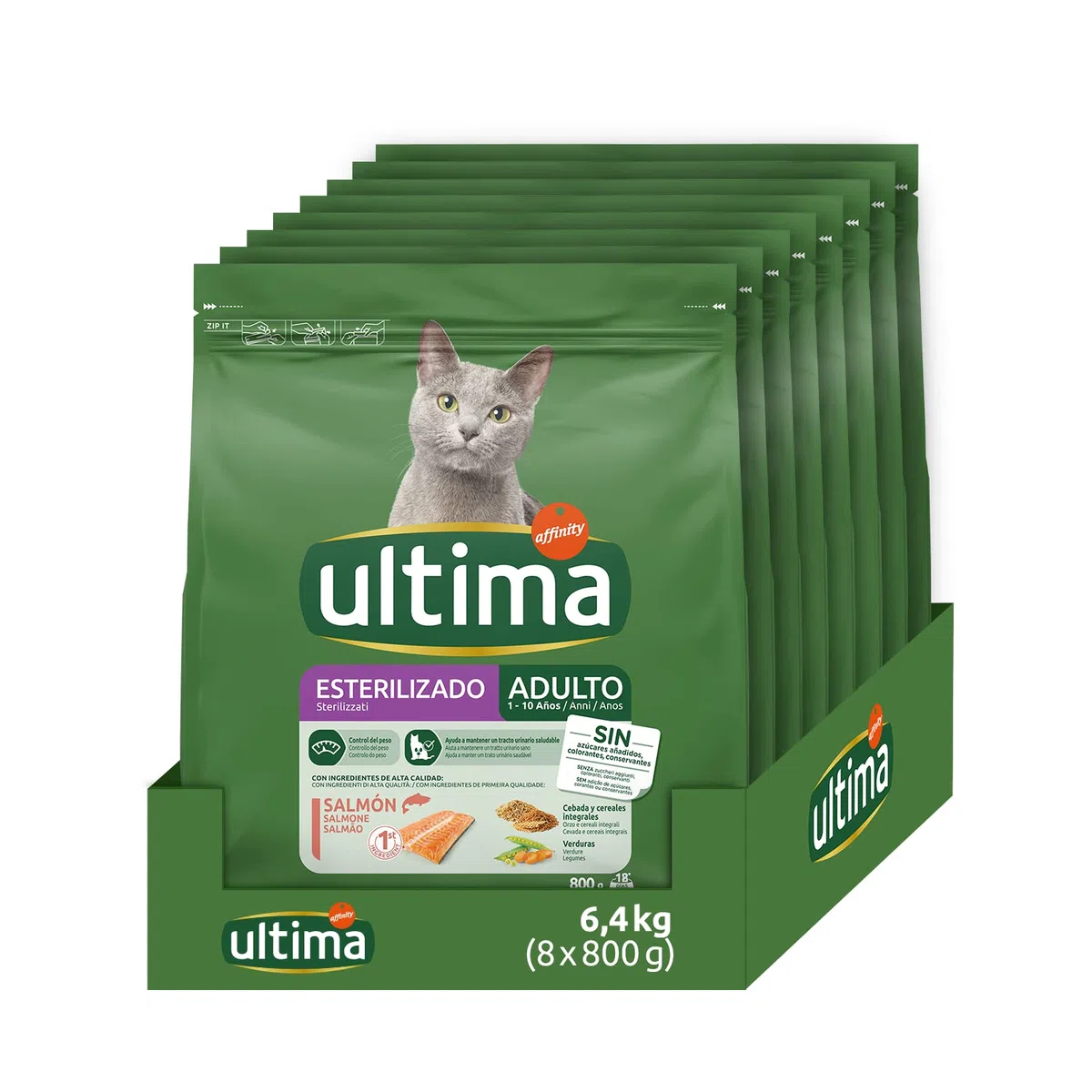 ultima Pienso para Gatos Esterilizados Adultos con Salmón, Pack de 8 x 800 gr - Total: 6.4k g & Pienso para Gatos Esterilizados Adultos con Buey, Pack de 8 x 800g - Total: 6.4kg