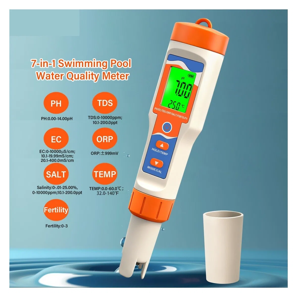 Probador de Agua, Probador de Agua Piscina 7 en 1, medidor Digital Calidad del for, SPA, pH/ORP/Sal/TDS/EC/Temp