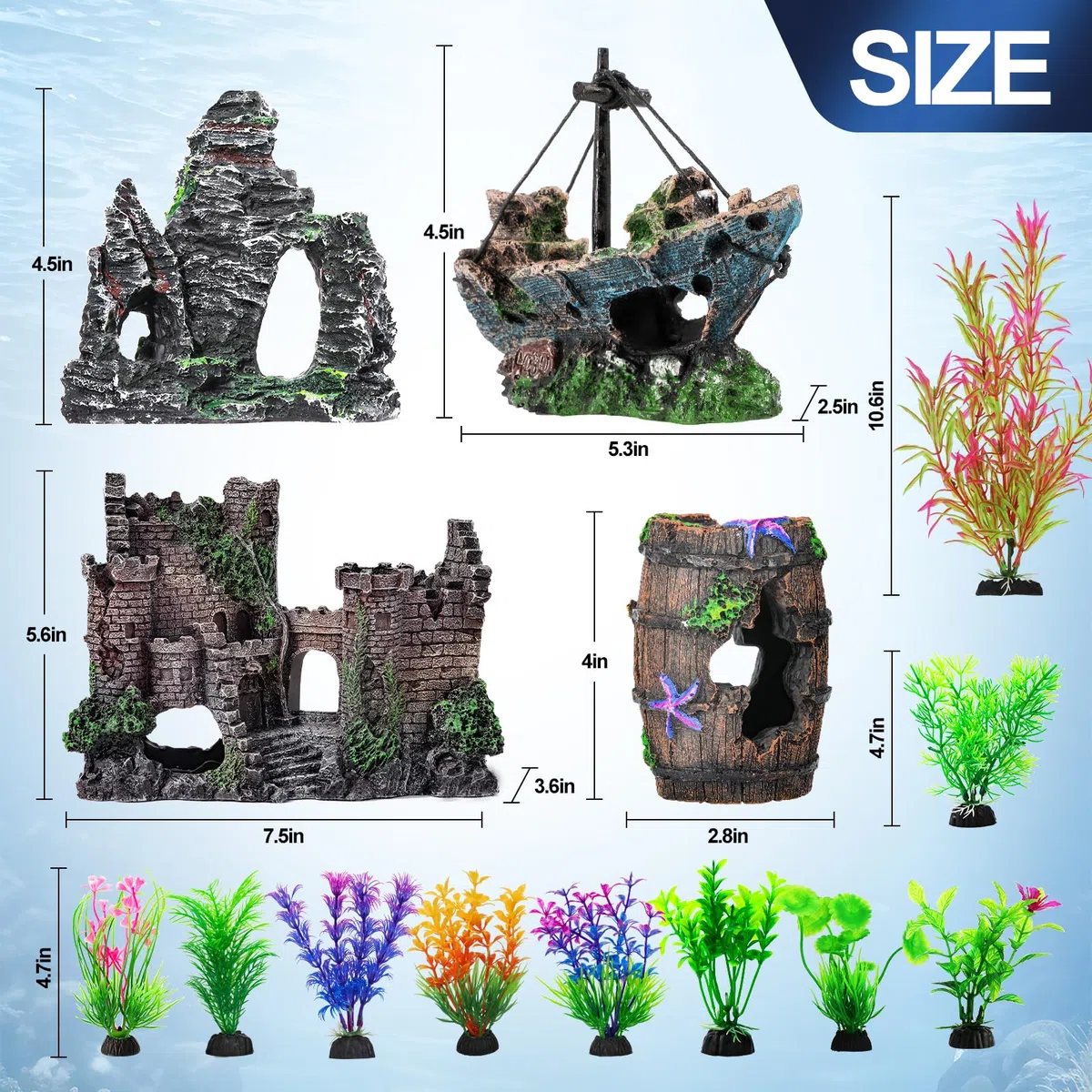 CousDUoBe Kit grande de 14 piezas de decoraciones de acuario, decoraciones de burbujas de castillo, barril de estrella de mar, roca de cueva de resina, material de resina, barco hundido, plantas de