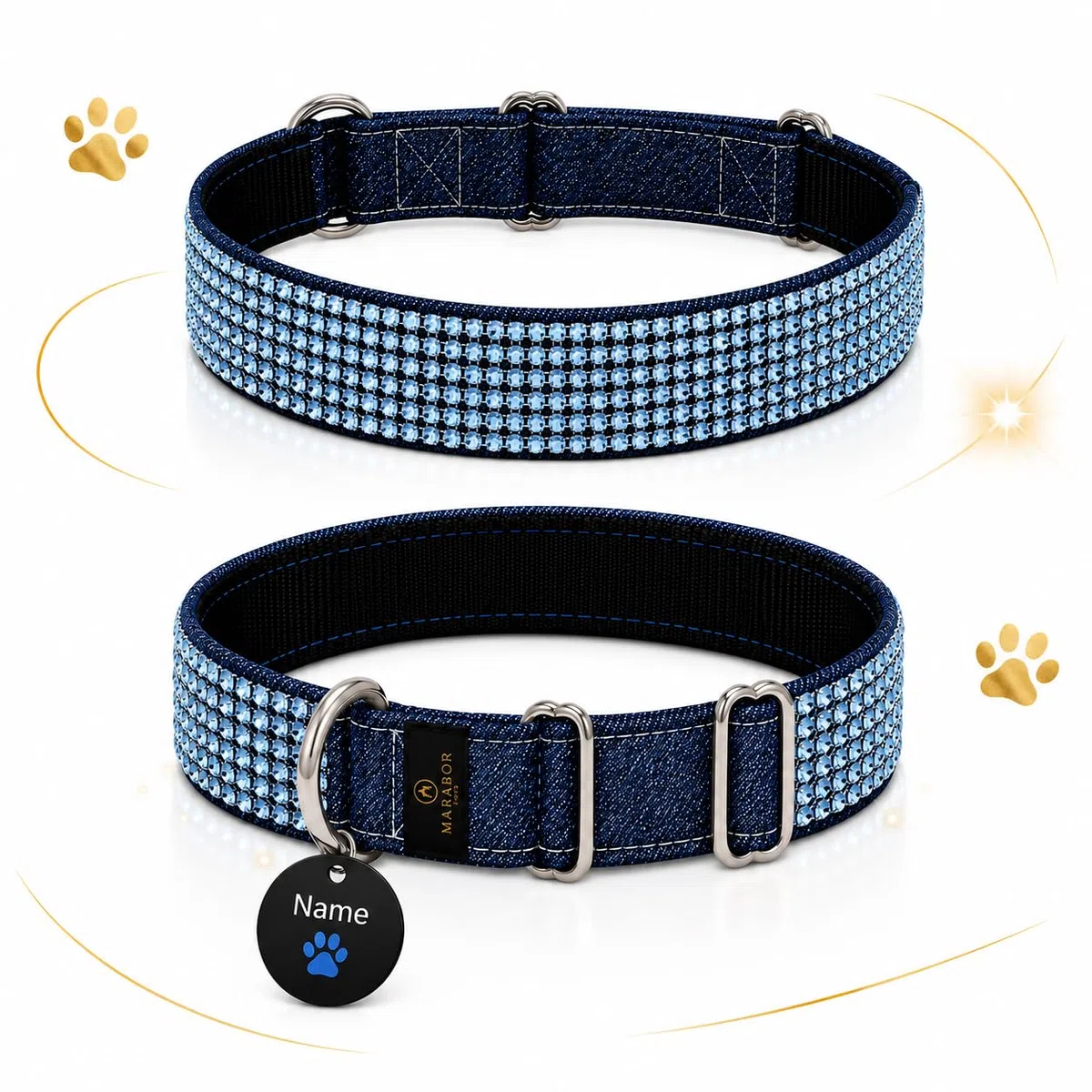 Collar para perro con etiqueta de nombre personalizada, hecho a mano en Austria, piezas de metal reforzado y diseño vaquero, para perros pequeños y grandes (L, azul hielo)