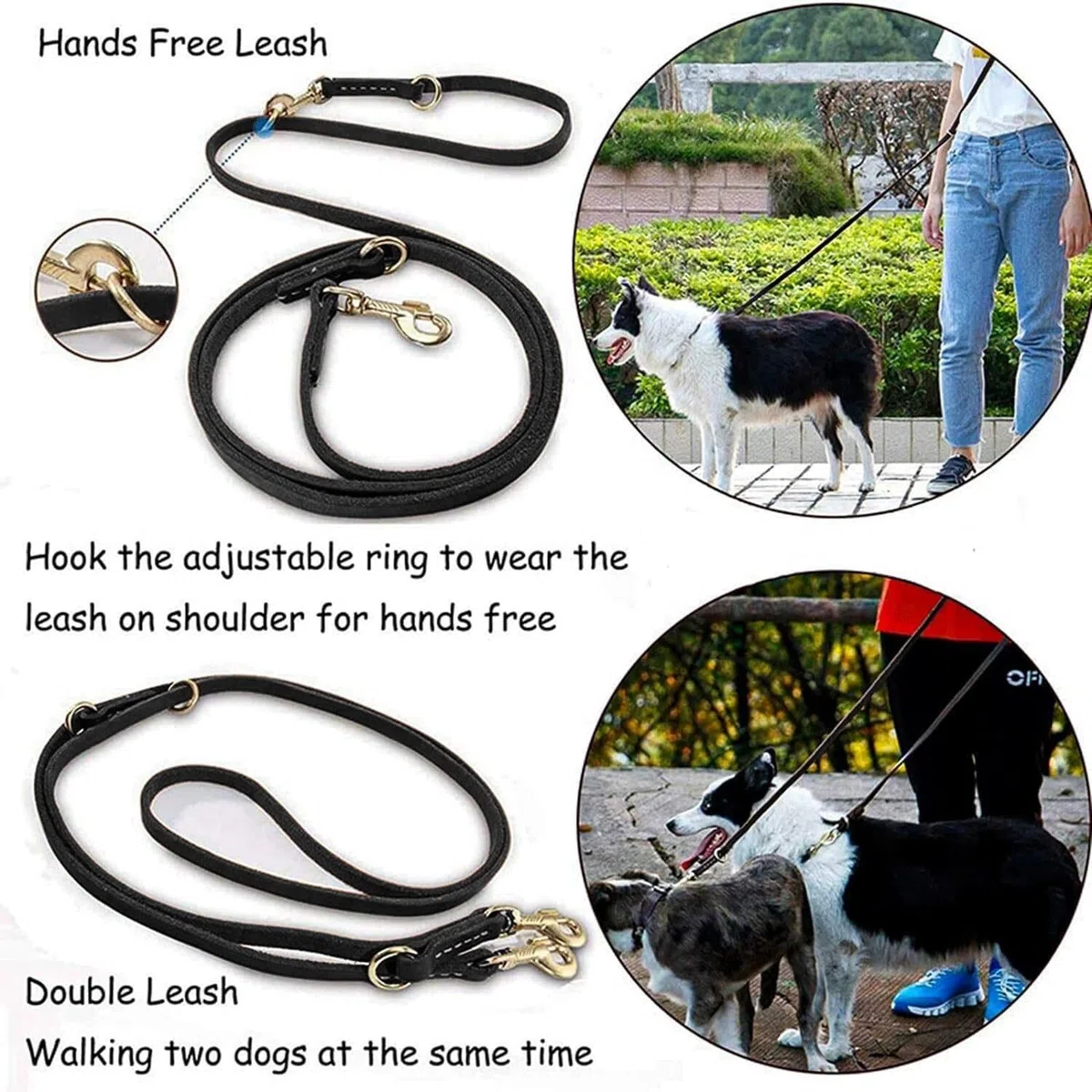 Correa de Cuero for Perros: Entrenamiento Manos Libres Genuino multifunción de 8 pies, Correa Deslizante Ajustable for Perros pequeños, medianos y Grandes(Black)