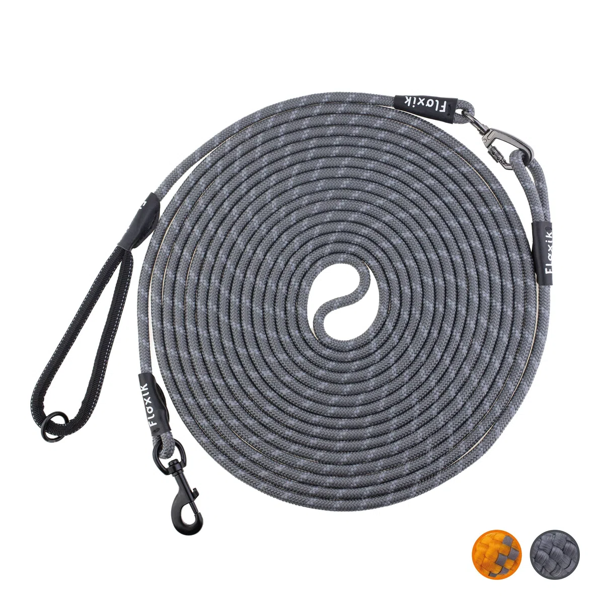 Floxik Correa de arrastre para perros | 5 m, 10 m, 15 m, 20 m gris, correa reflectante con correa de mano extraíble, también ideal como correa de entrenamiento para cachorros